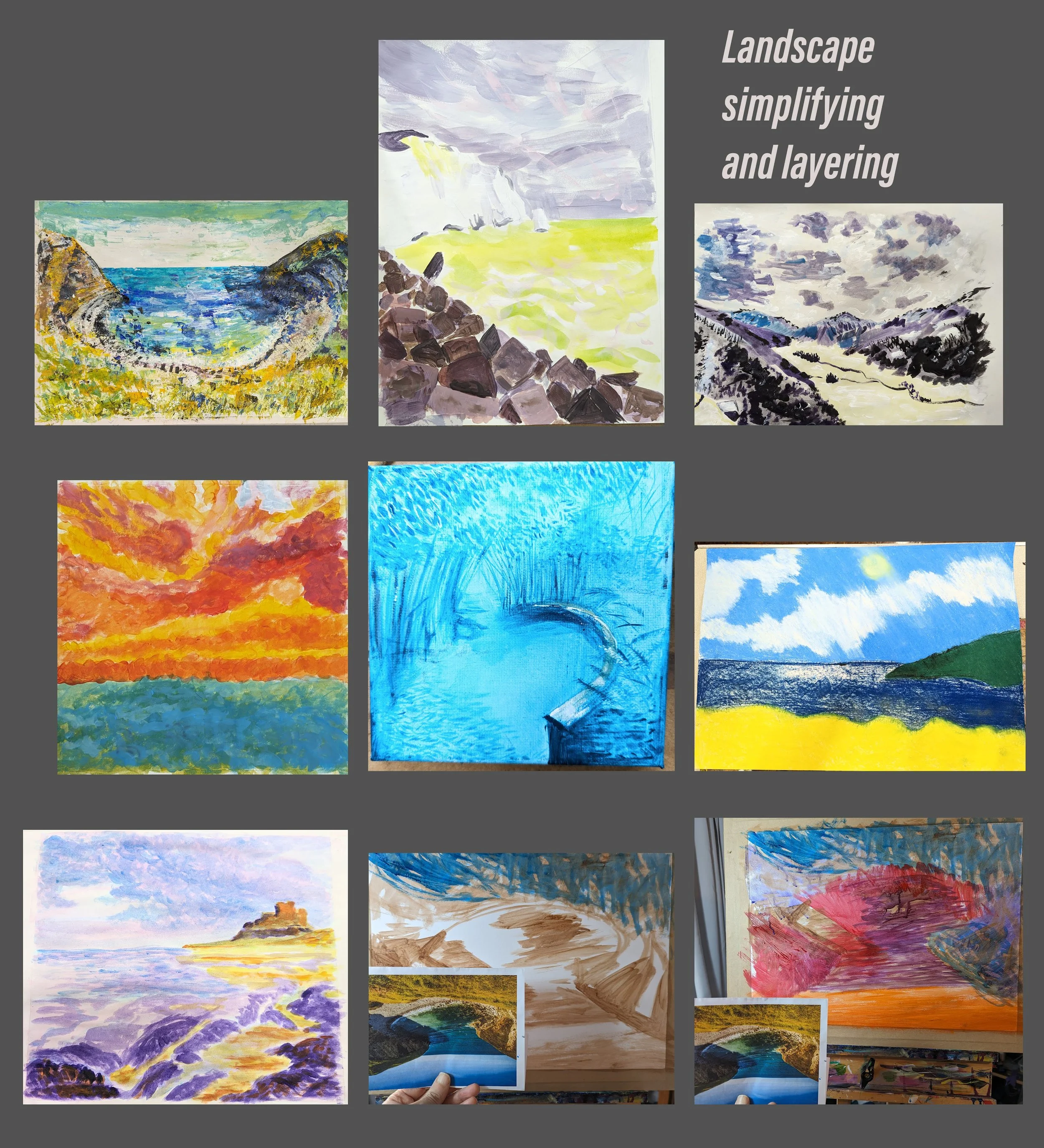 Collection of landscape paintings showing various scenes: coastlines, mountains, skies, water, and abstract nature elements with the text 'Landscape simplifying and layering'.