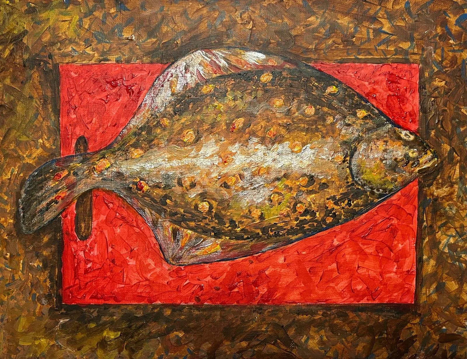 A painting of a fish resting on a red rectangular platform, with a textured background of earthy tones and strokes.