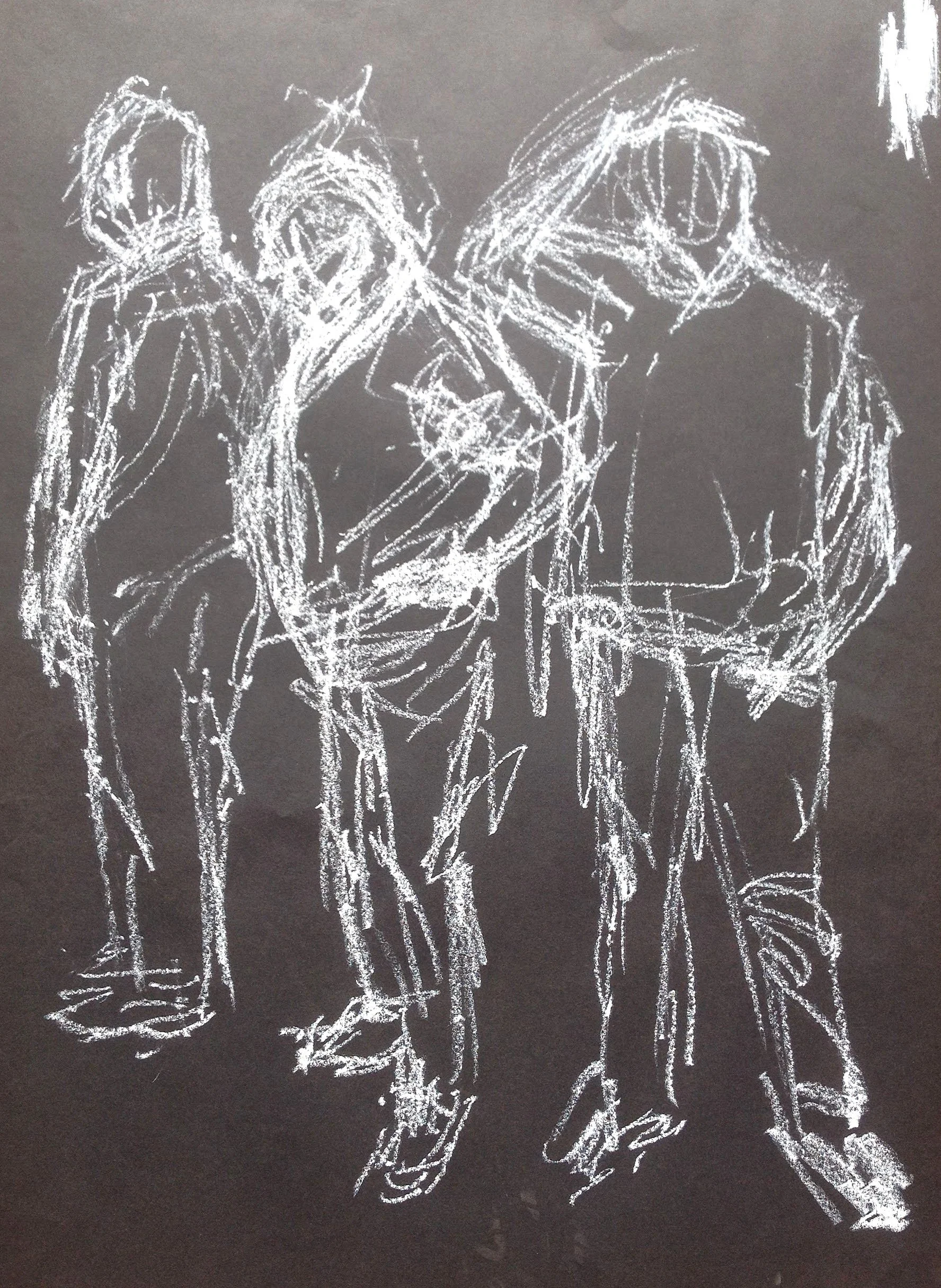 White chalk sketch of 3 figures on black paper, drawn in a loose, impressionistic style.