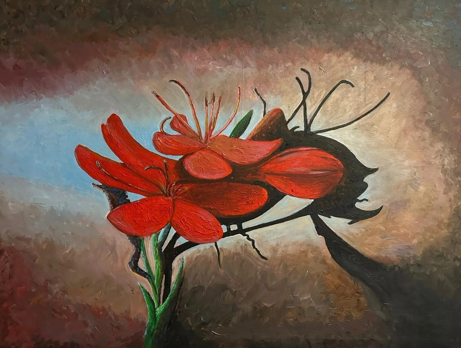 Painting of a cluster of red-orange flowers and dark branches on a textured background.