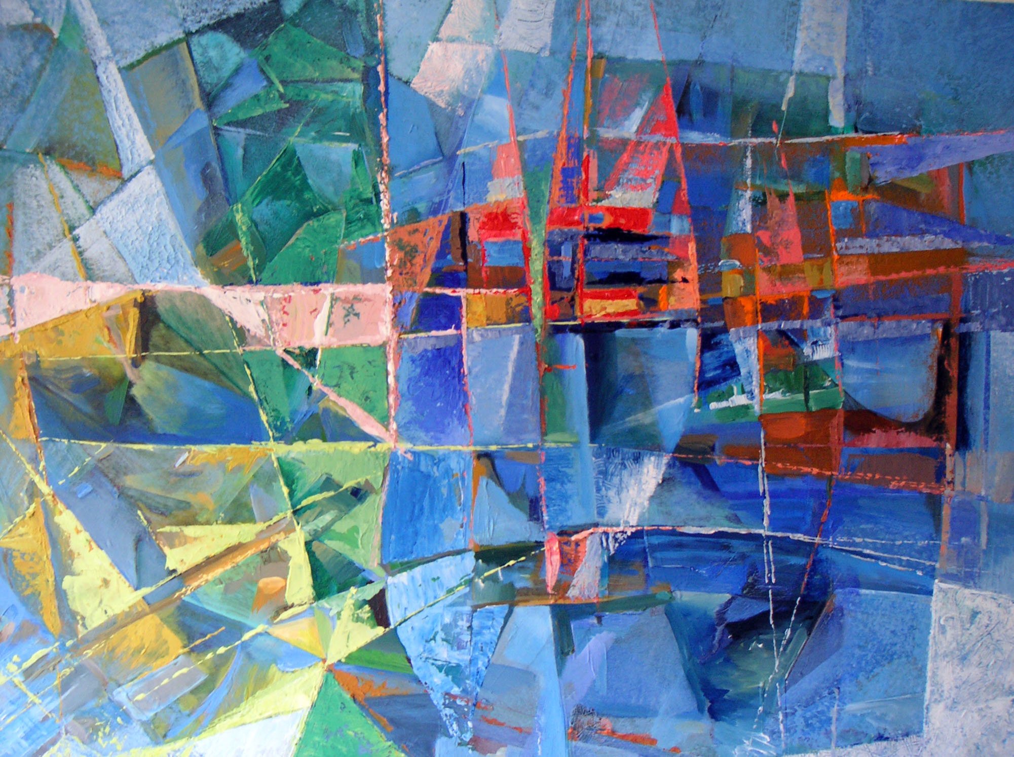 Abstract painting with a geometric composition, featuring various shades of blue, green, pink, and red, with intersecting lines and shapes creating a layered effect.