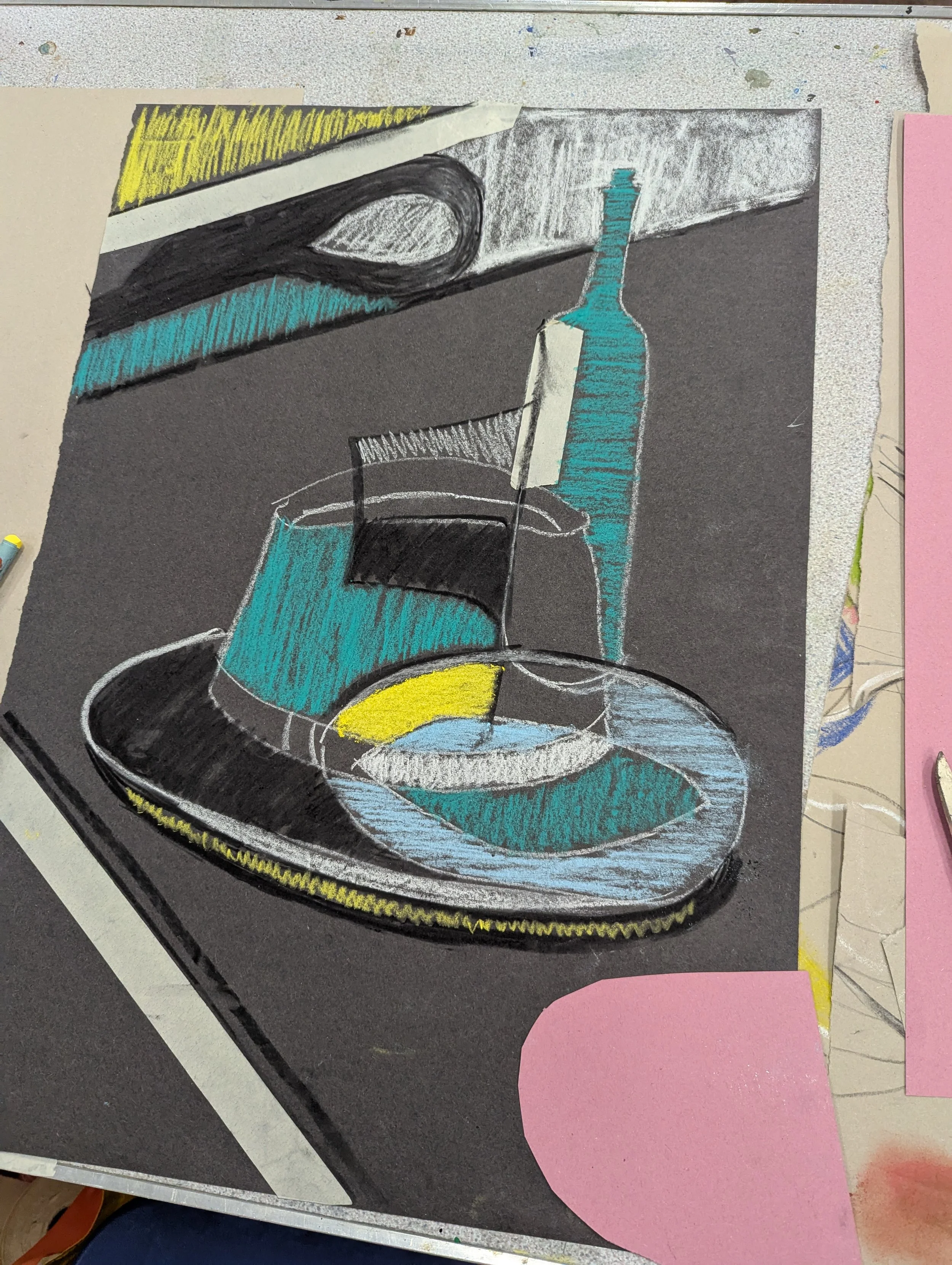 Colorful abstract drawing of a still life scene with a blue bottle, a black and white cup, and a black tray on a dark surface, with layered background elements in yellow, gray, and pink.