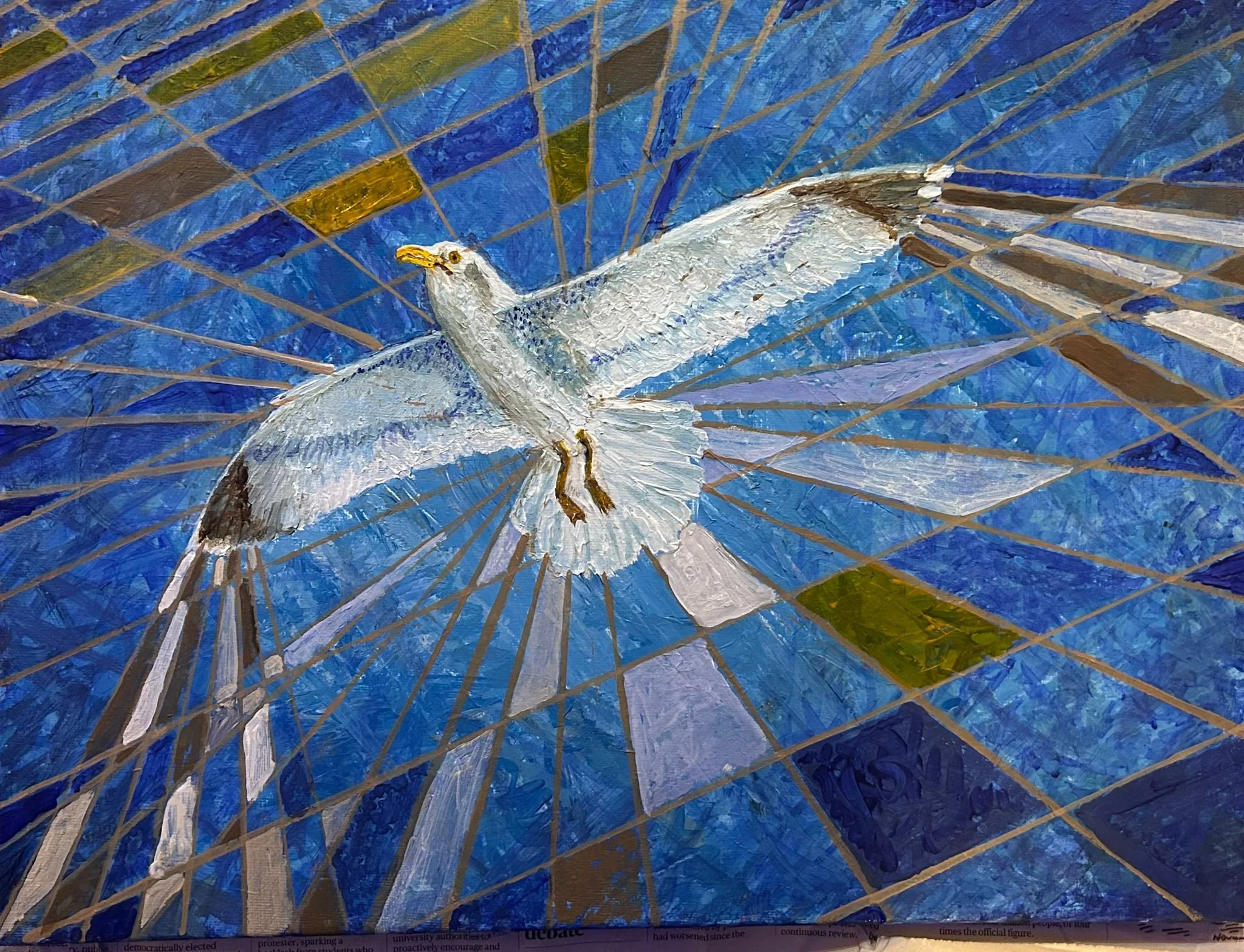 A painting of a white bird, possibly a dove, with wings spread wide, flying against a blue background with a geometric pattern of squares and lines.