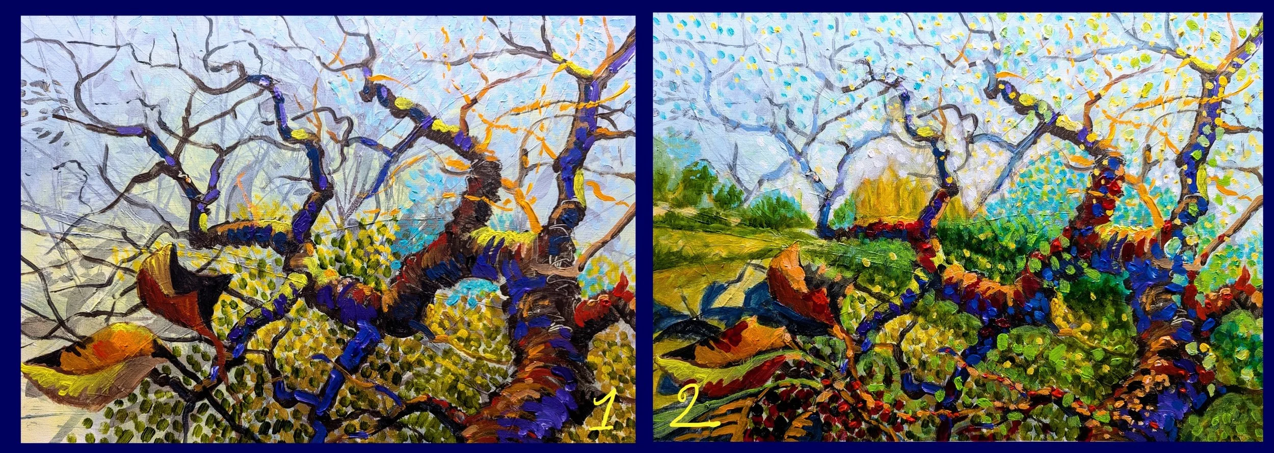 Comparison of two acrylic paintings of a leafless tree with colorful foliage around its trunk, numbered 1 and 2. Painting 1 has a blue sky background with a mix of warm and cool colored leaves and branches. Painting 2 depicts a brighter scene with a 