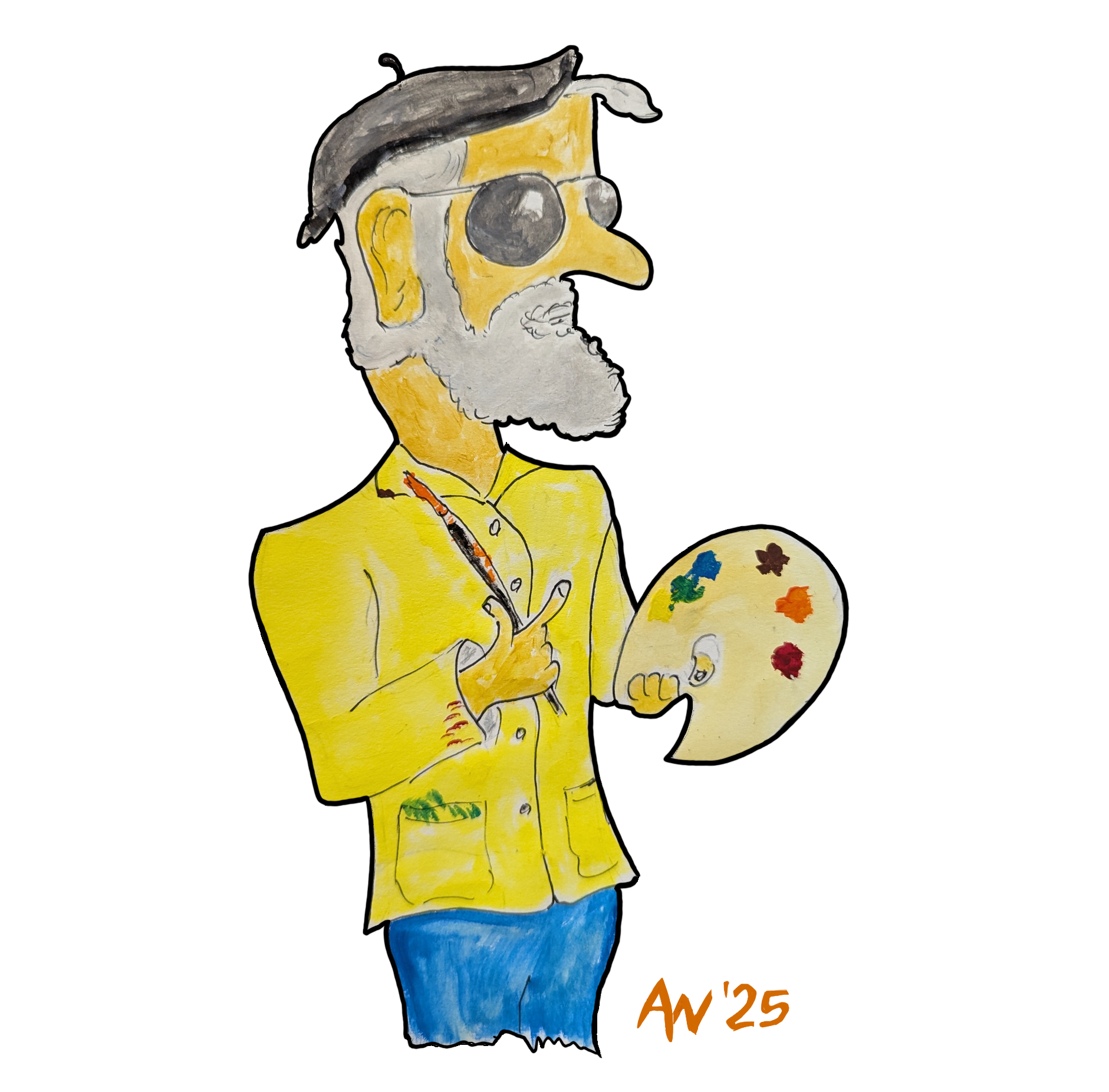 Watercolor illustration of an elderly man with gray hair, glasses, and a beard, wearing a yellow jacket and blue pants, holding a paint palette with colorful paint blobs and a paintbrush.