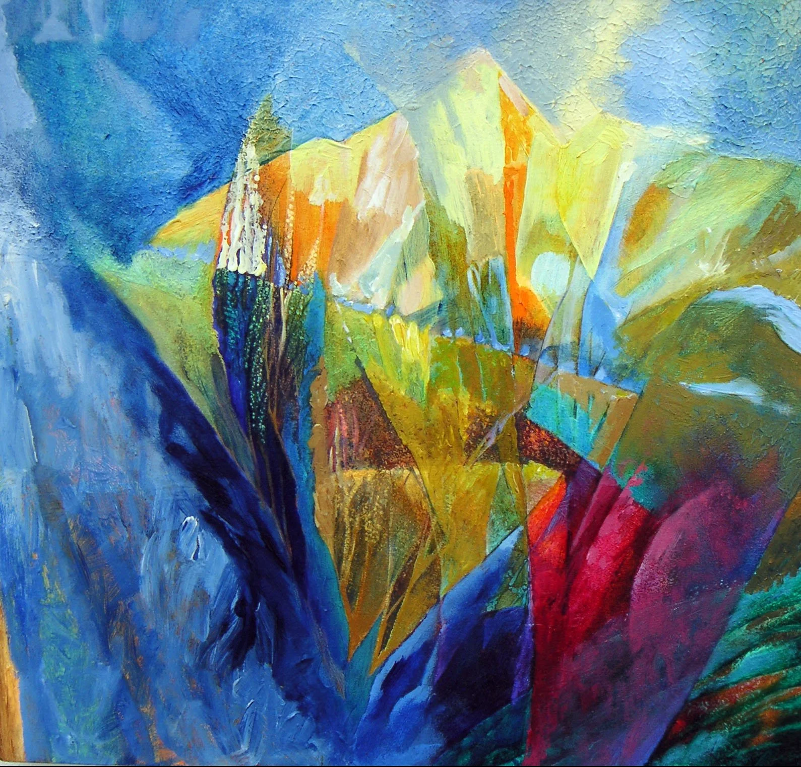 Abstract colorful painting with vibrant blues, greens, yellows, oranges, and reds, resembling a mountain or landscape scene.