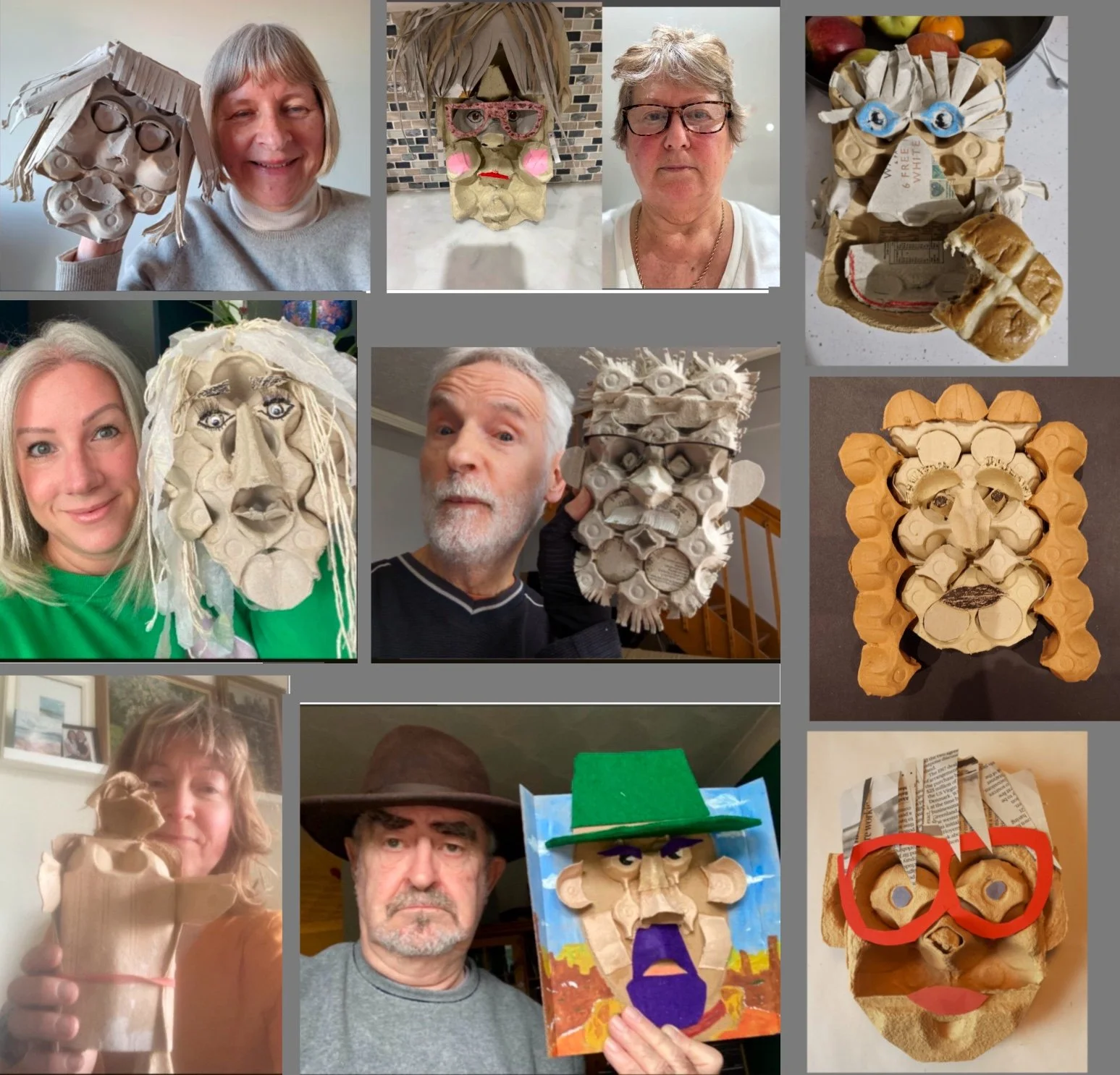 Group of people holding or displaying art projects made from recycled paper rolls, creating faces and characters with various accessories and facial features.