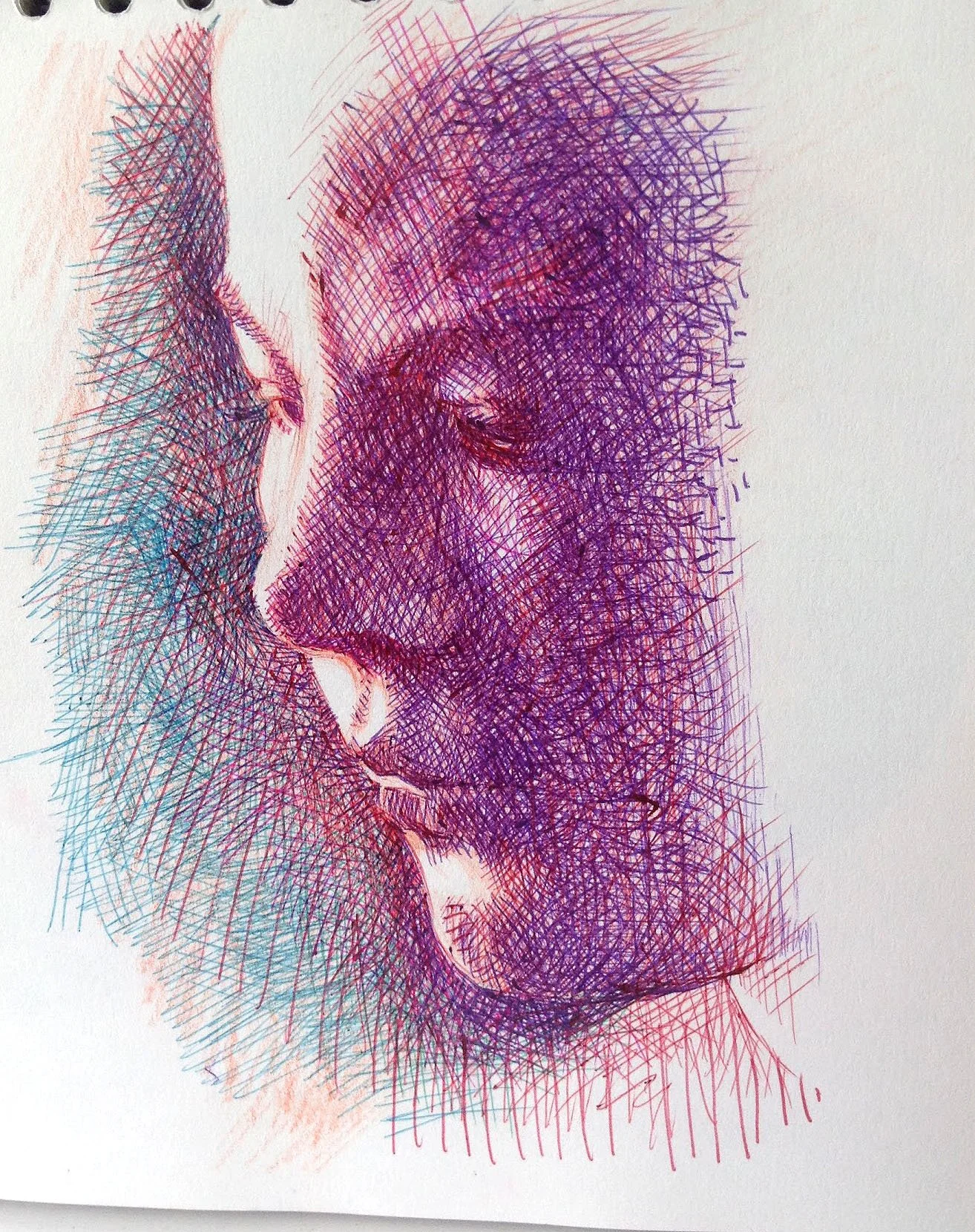 A detailed sketch of a person's face in profile, created with colorful cross-hatching lines in shades of purple, red, and blue.