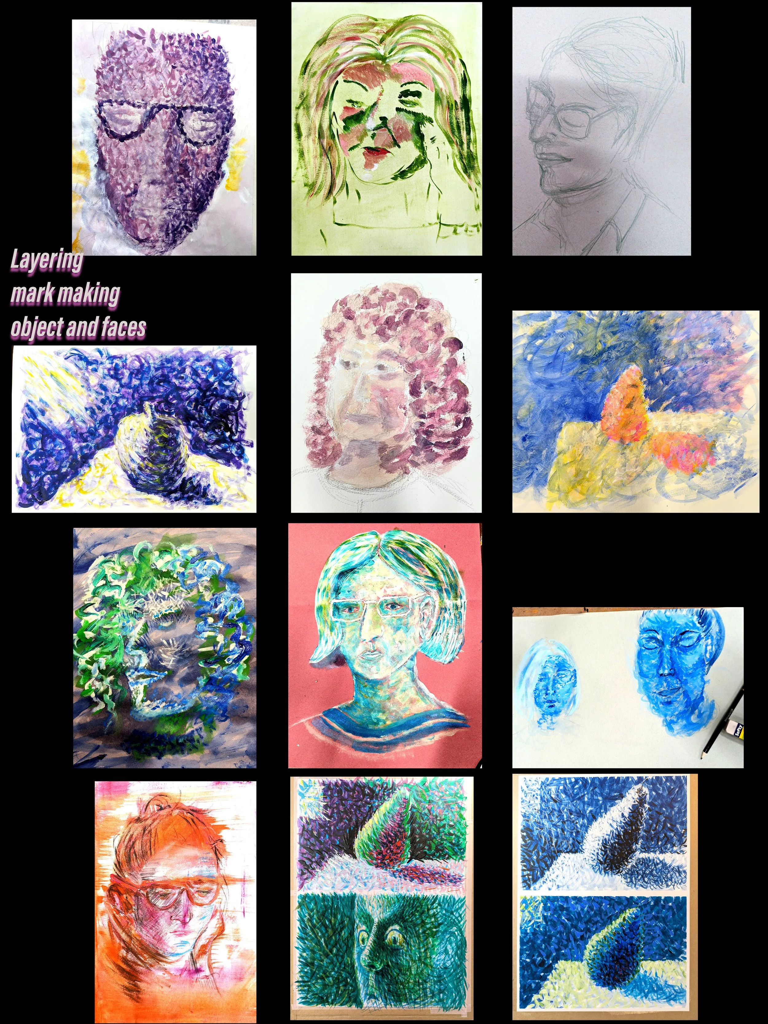 A collage of sketches and paintings of faces and objects. Top row: a purple textured face with glasses, a woman with green hair, and a sketched side profile of a woman with glasses. Middle row: an abstract face with wavy hair, a watercolor portrait o