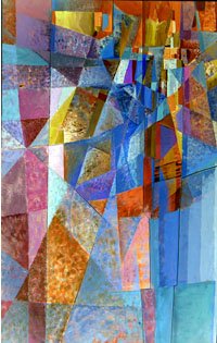 Abstract geometric artwork with colorful overlapping shapes in shades of blue, orange, purple, and yellow.