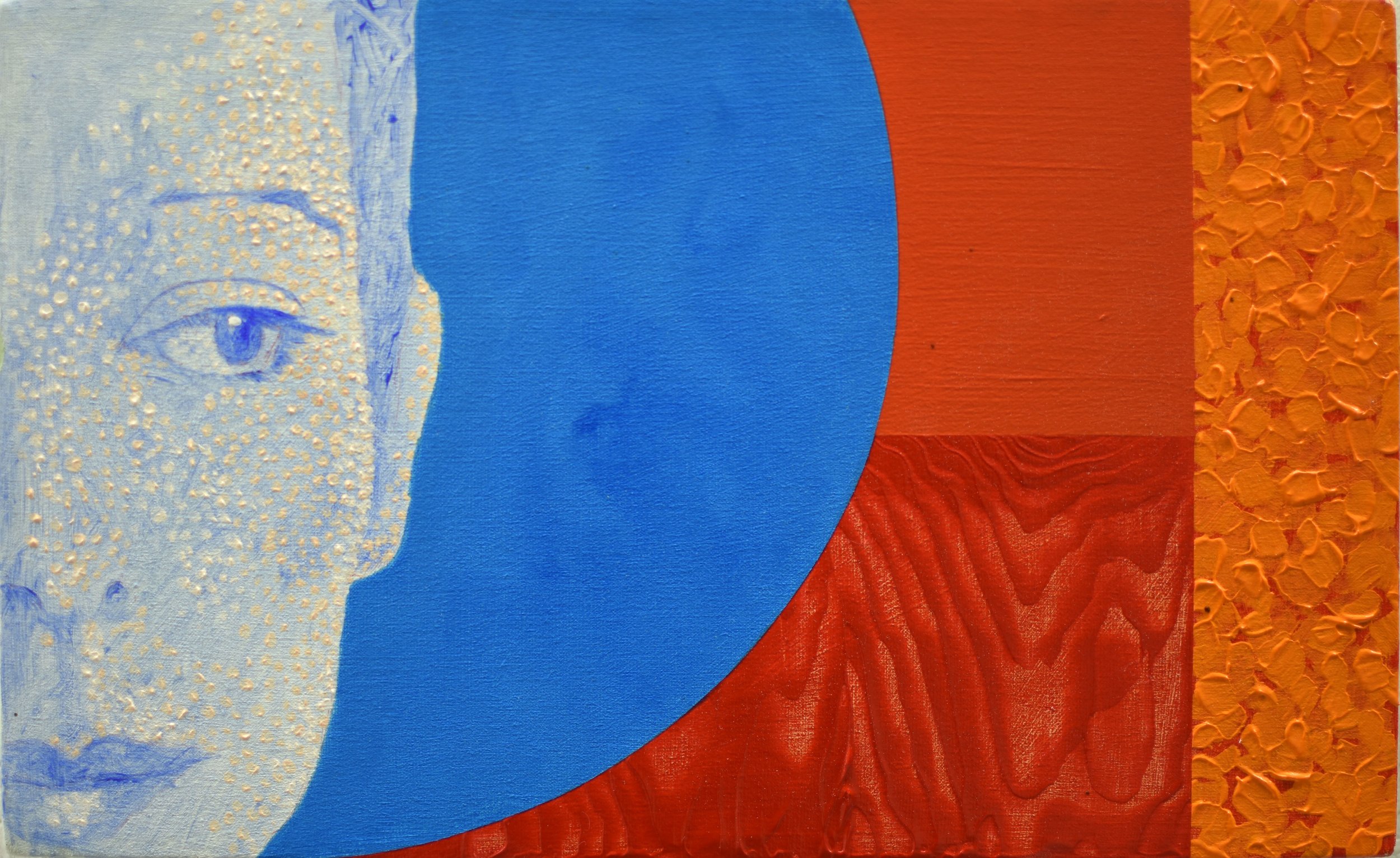 Acrylic and ink artwork featuring a stylized blue and white human face profile with a large blue circle as background, and textured orange, red, and yellow sections on the right side. The sitter for this portrait is a fan of the Bauhaus and the desig
