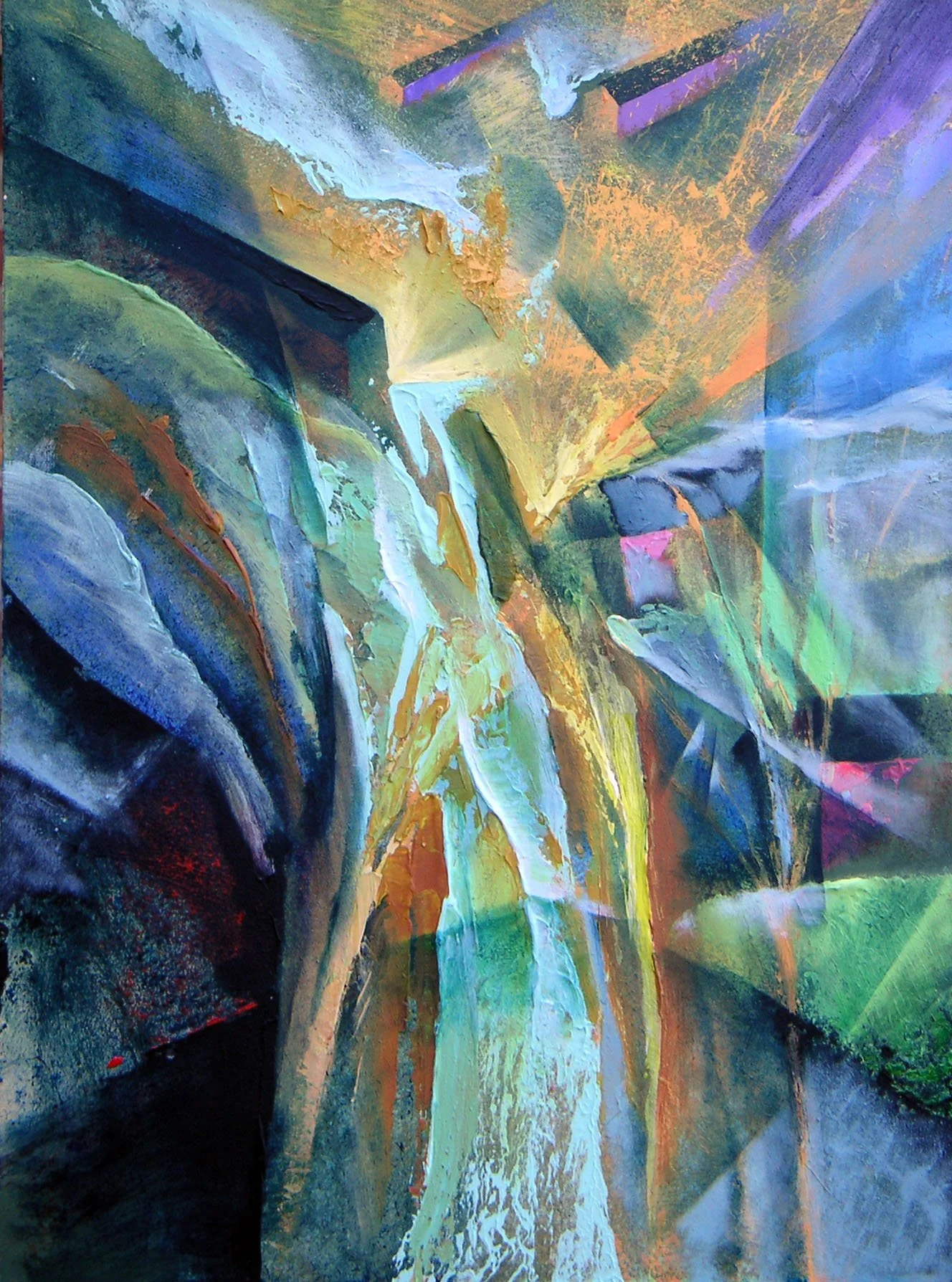 Abstract painting with bright colors, including green, yellow, blue, purple, and black, with dynamic brushstrokes and layered textures.