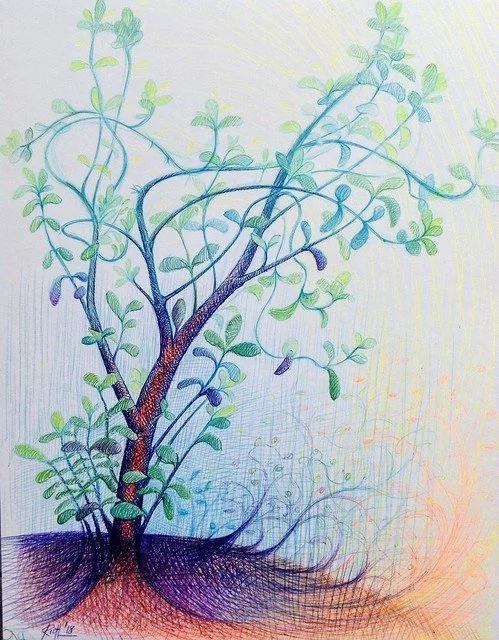 Drawing of a tree-like form, green leaves, and light blue branches on a light background.