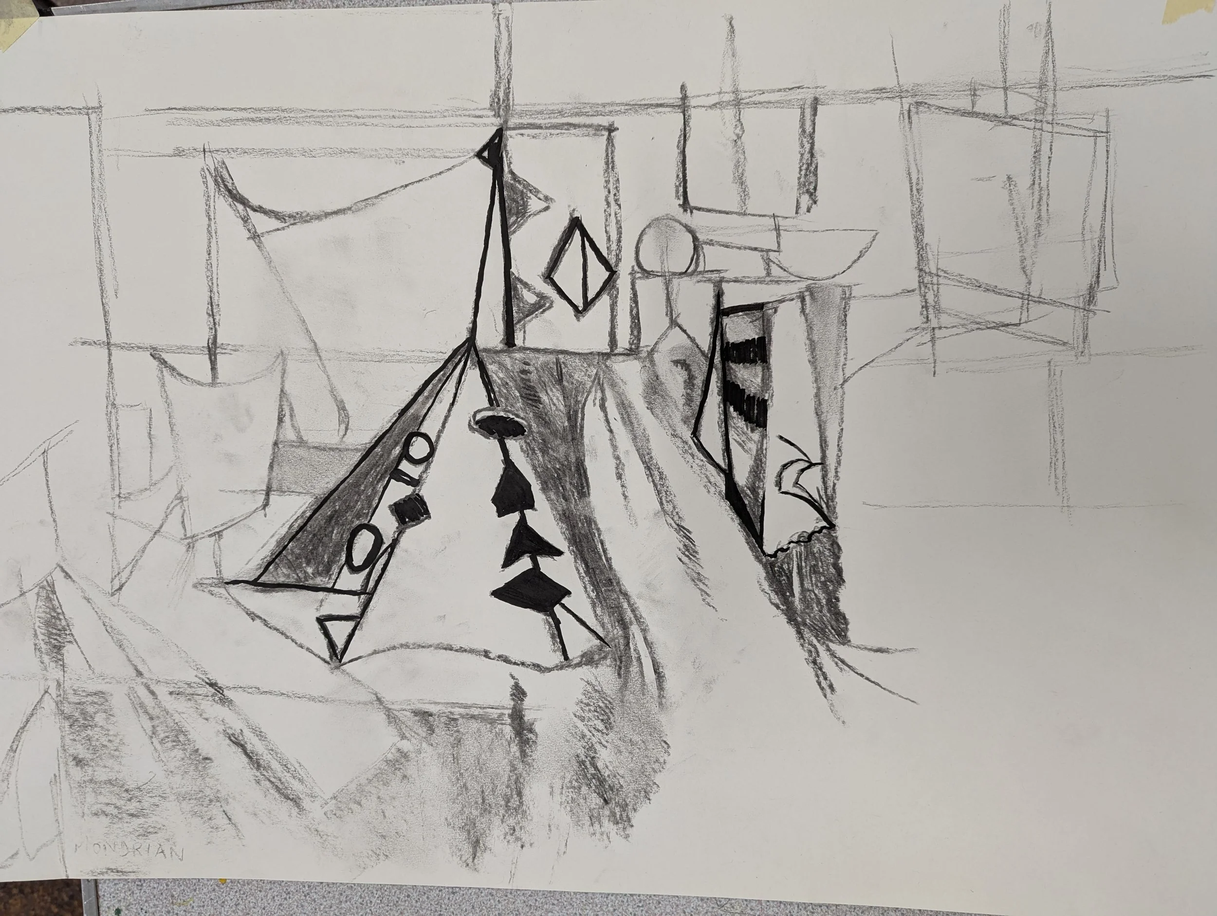 Sketch of a kitchen interior with countertops, shelves, and hanging triangular and circular decorations.