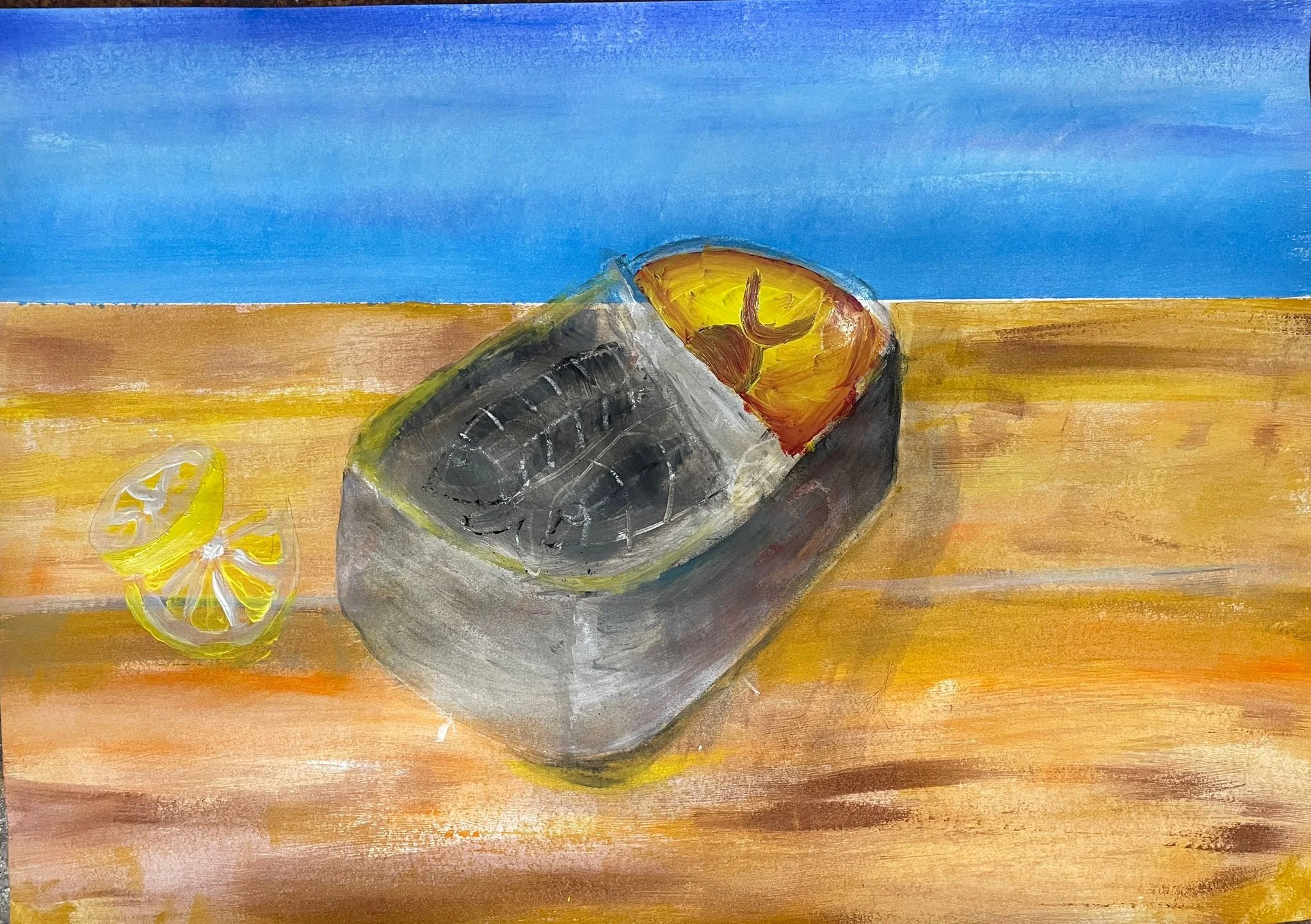 A painted still life of a metal fish-shaped container with lemon slices inside, placed on a wooden surface with lemon slices nearby, and a blue sky background.