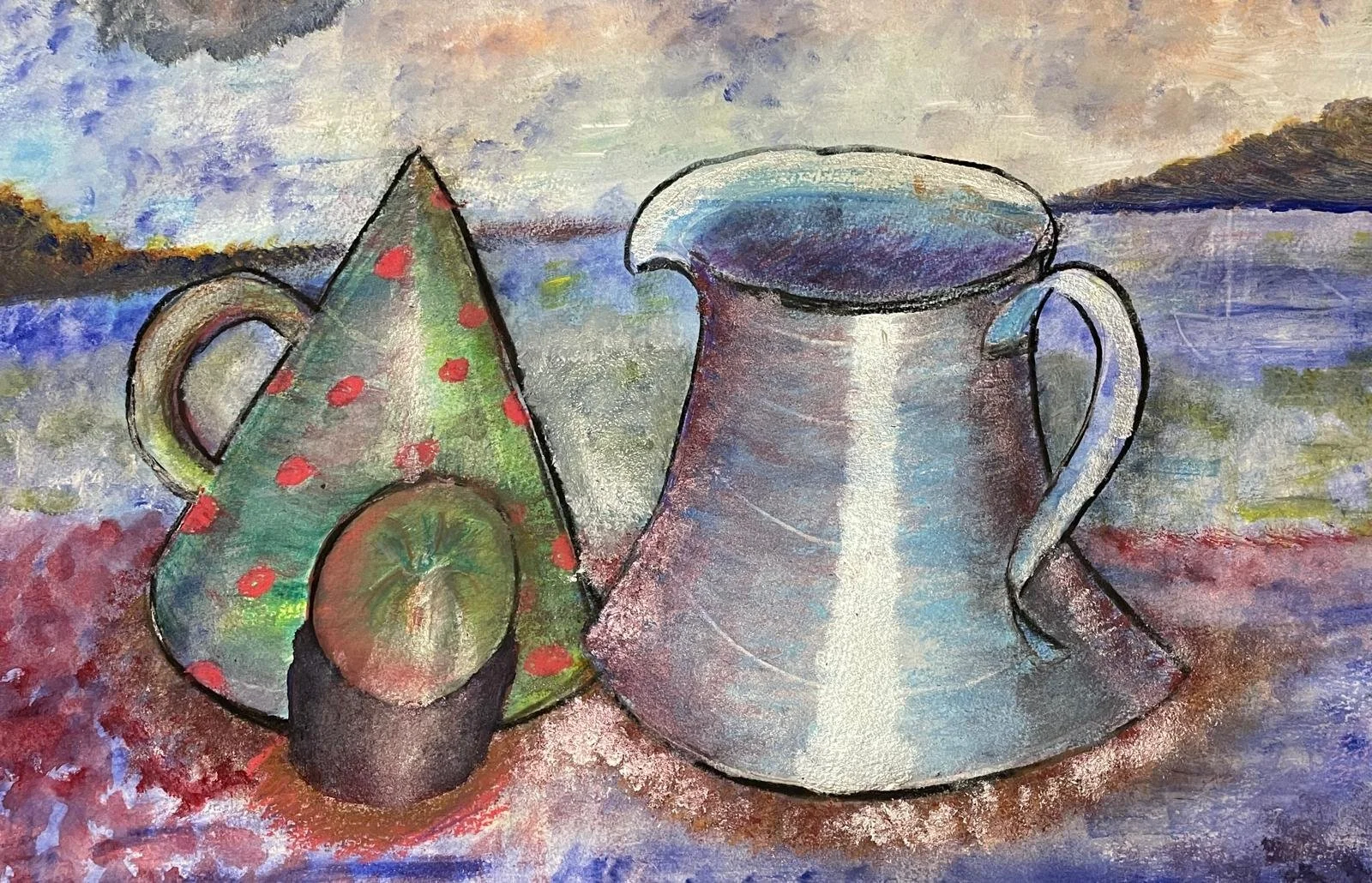 A still life painting featuring a metal pitcher, a metal watering can, a small cup, and a cloth with an apple and a decorative pattern, set against a landscape background.