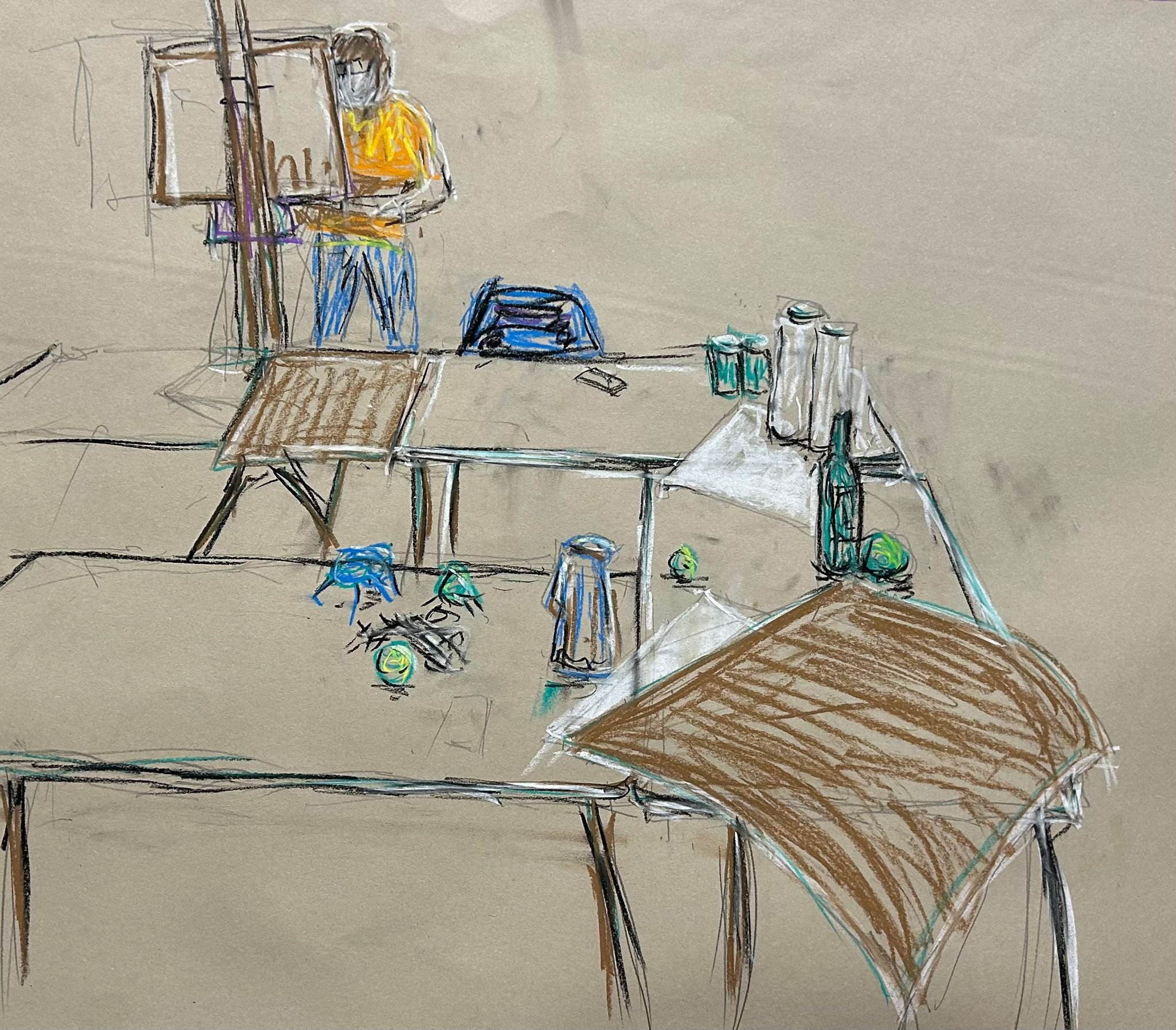 A sketch of a desk with three tables, bottles, cans, and papers, with a person standing in the background near a light switch or panel.