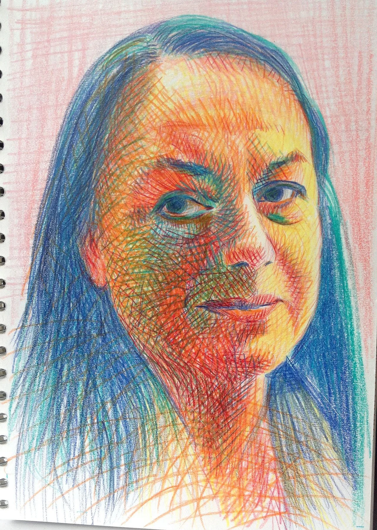 Colour pencil, abstract portrait sketch of a woman with long hair, created with multiple coloured lines.
