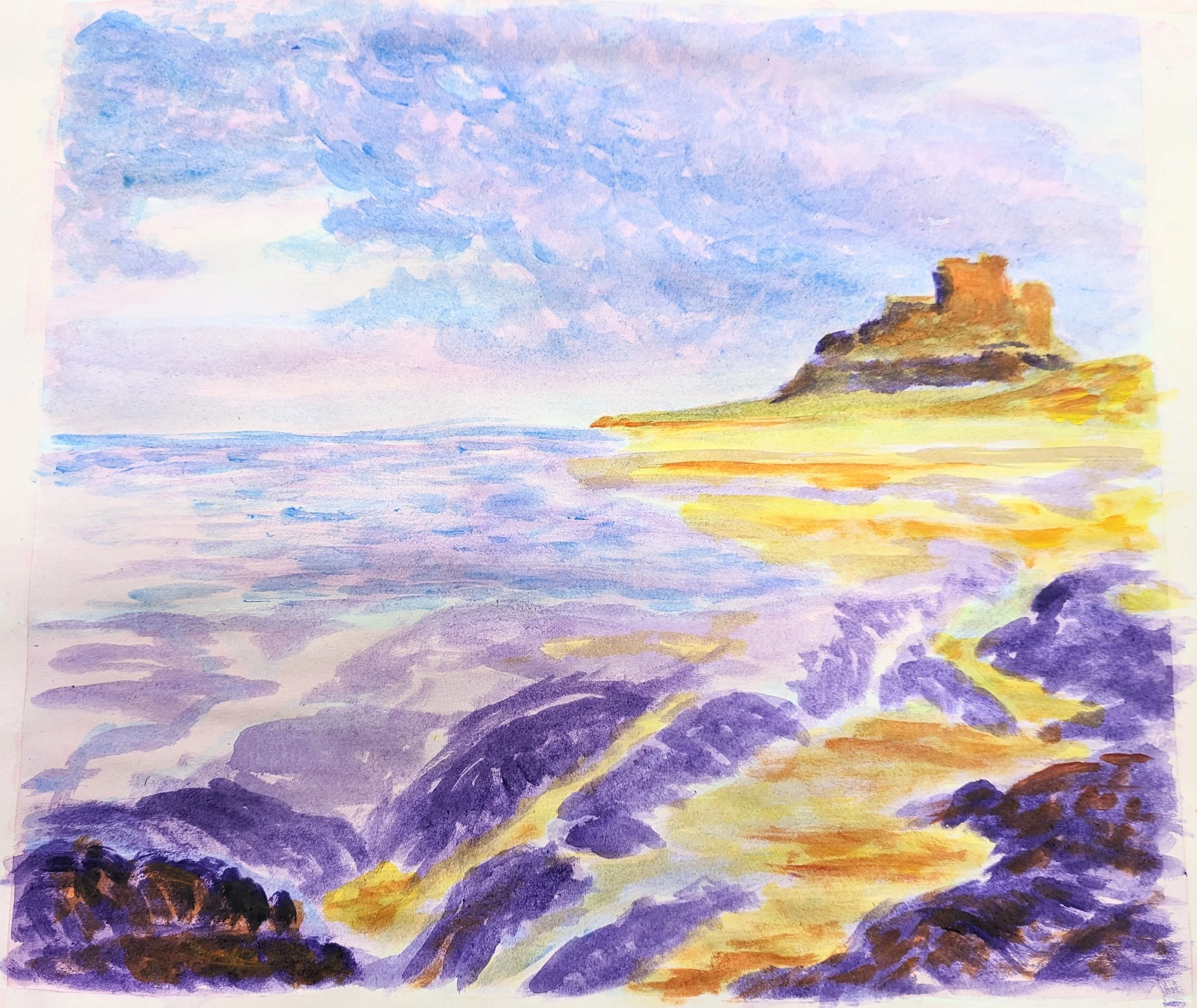 Watercolour painting of a coastal landscape with purple rocks and yellow sand, a distant blue sea, and a castle-like structure on a hill under a cloudy sky.