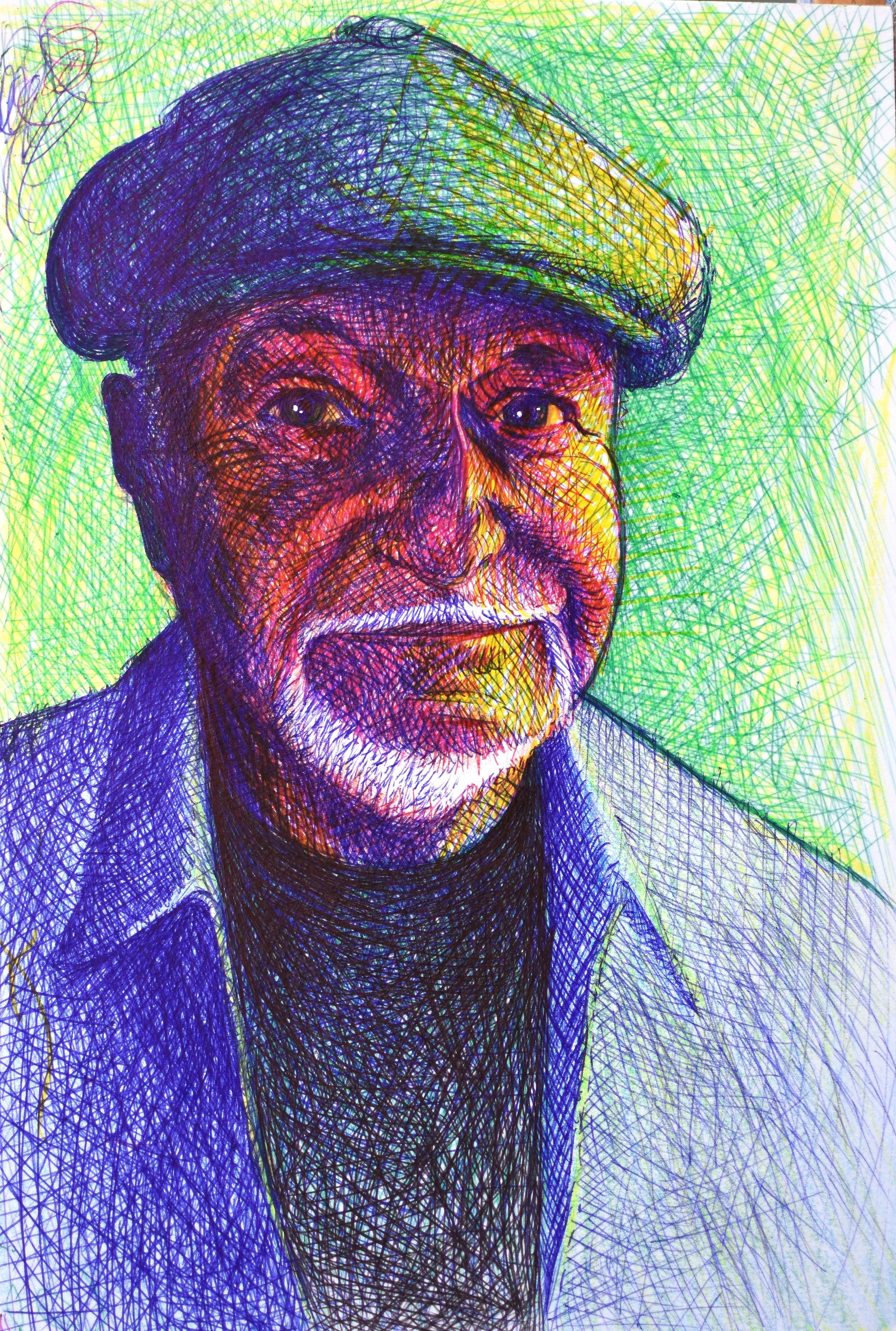 Colorful line drawing of an elderly man wearing a hat, with a background of yellow and green lines.