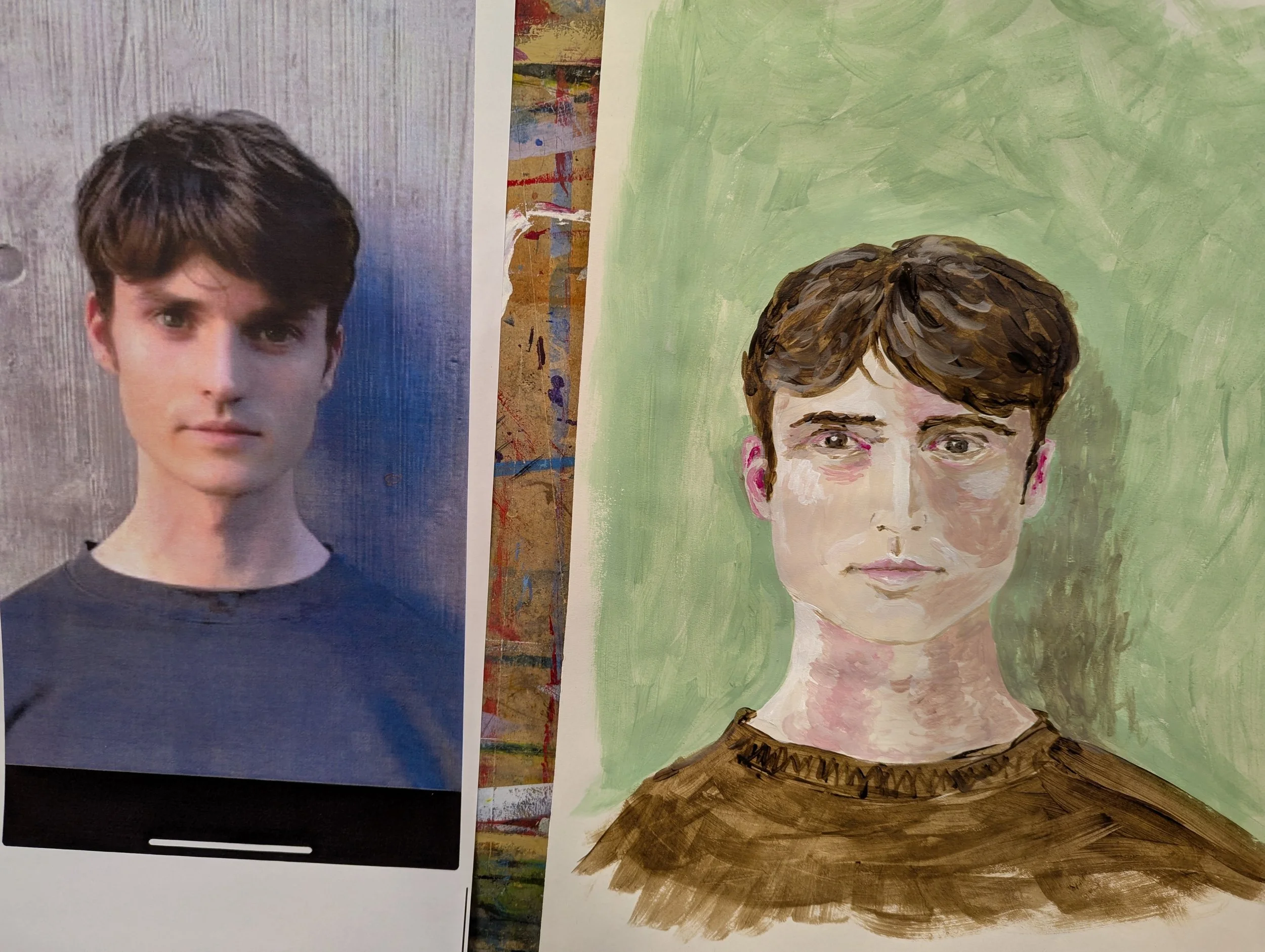 A young man's portrait photograph on the left and a painted portrait of the same person on the right. The photograph shows a young man with dark brown hair in front of a grayish background. The painted portrait captures similar features with a green 