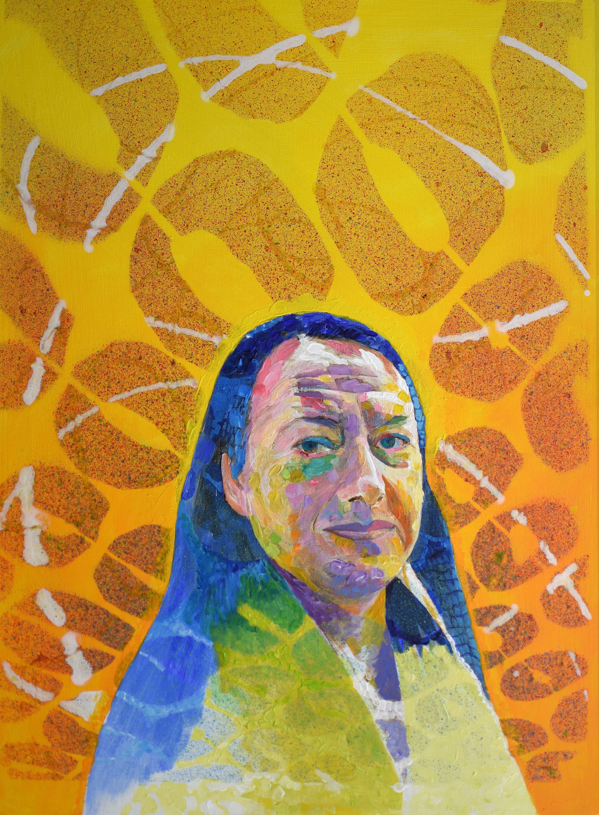Colourful portrait of a woman with blue hair, set against a yellow background with abstract shapes. Aiming to reflect the great passion the sitter has for vibrant colour and pattern