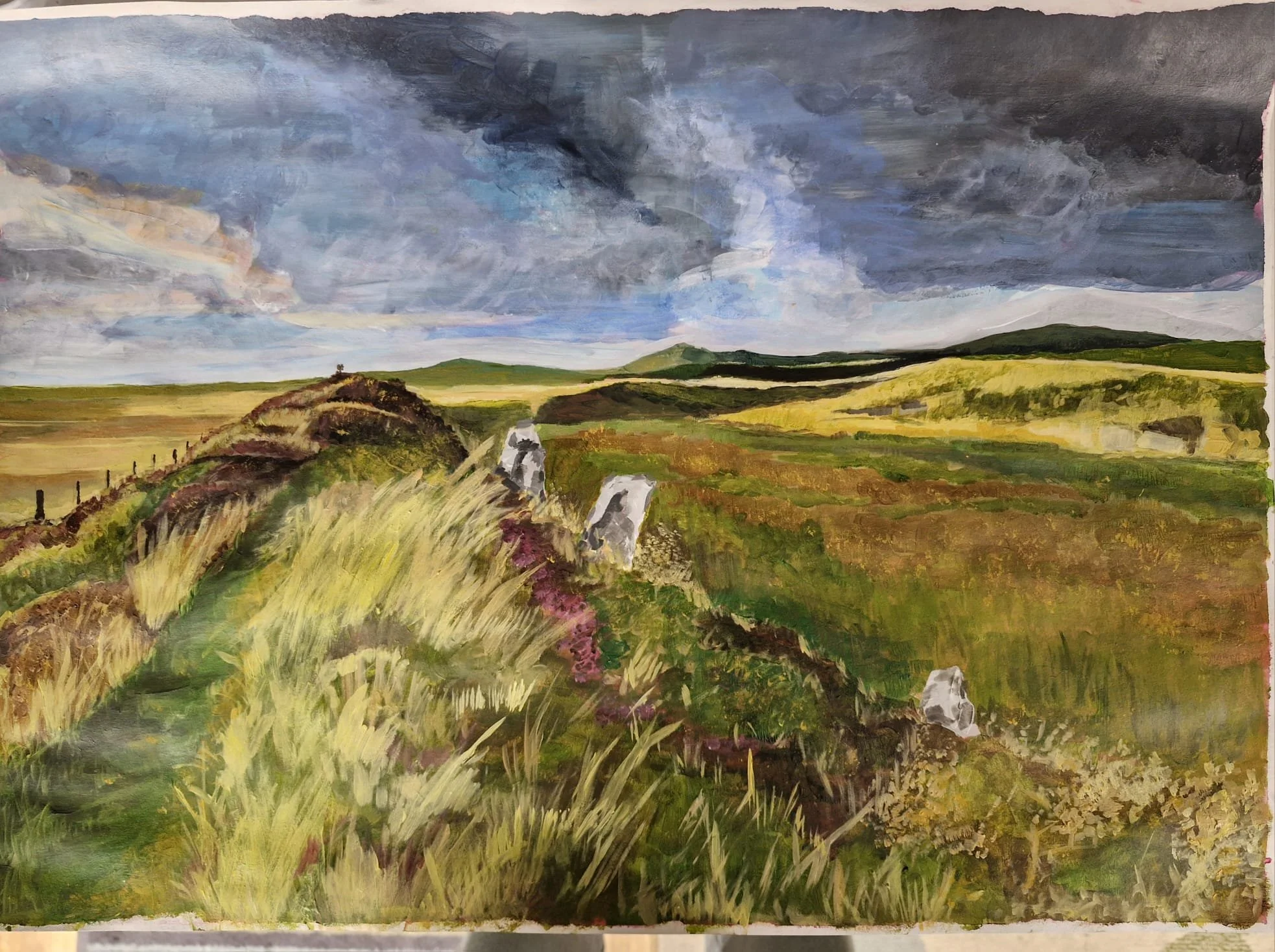 A painted landscape of a rural scenery with a cloudy sky, rolling green hills, and a fence along the hillside covered with grass and wildflowers.