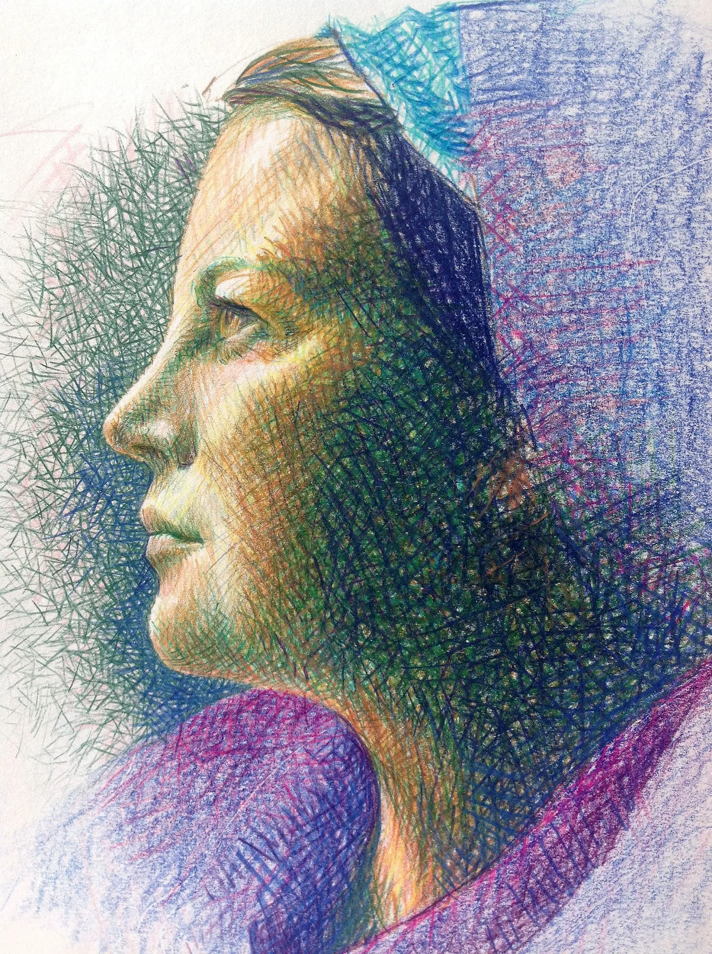 Colour pencil drawing of a woman's face in profile using crosshatching in various colours for shading and detail.