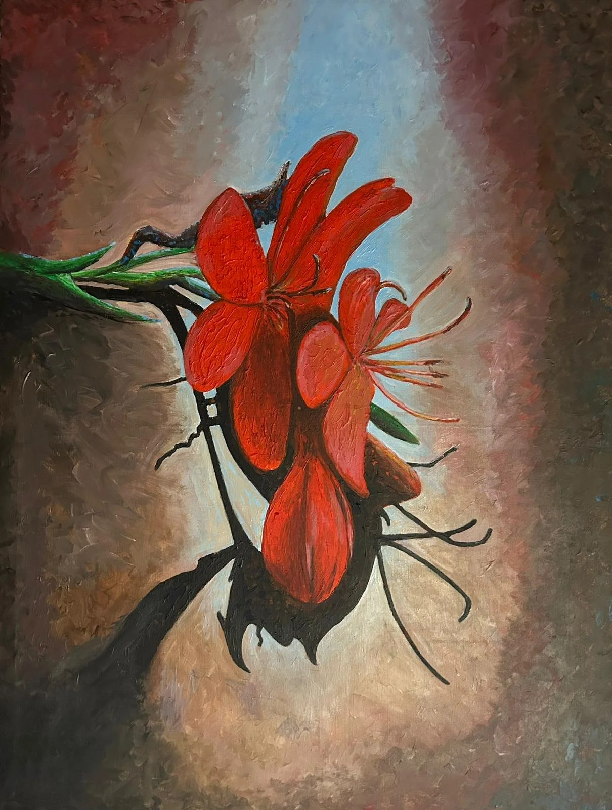 A painting of a red flower with black stem and branches, set against a background of brown, blue, and tan colors.