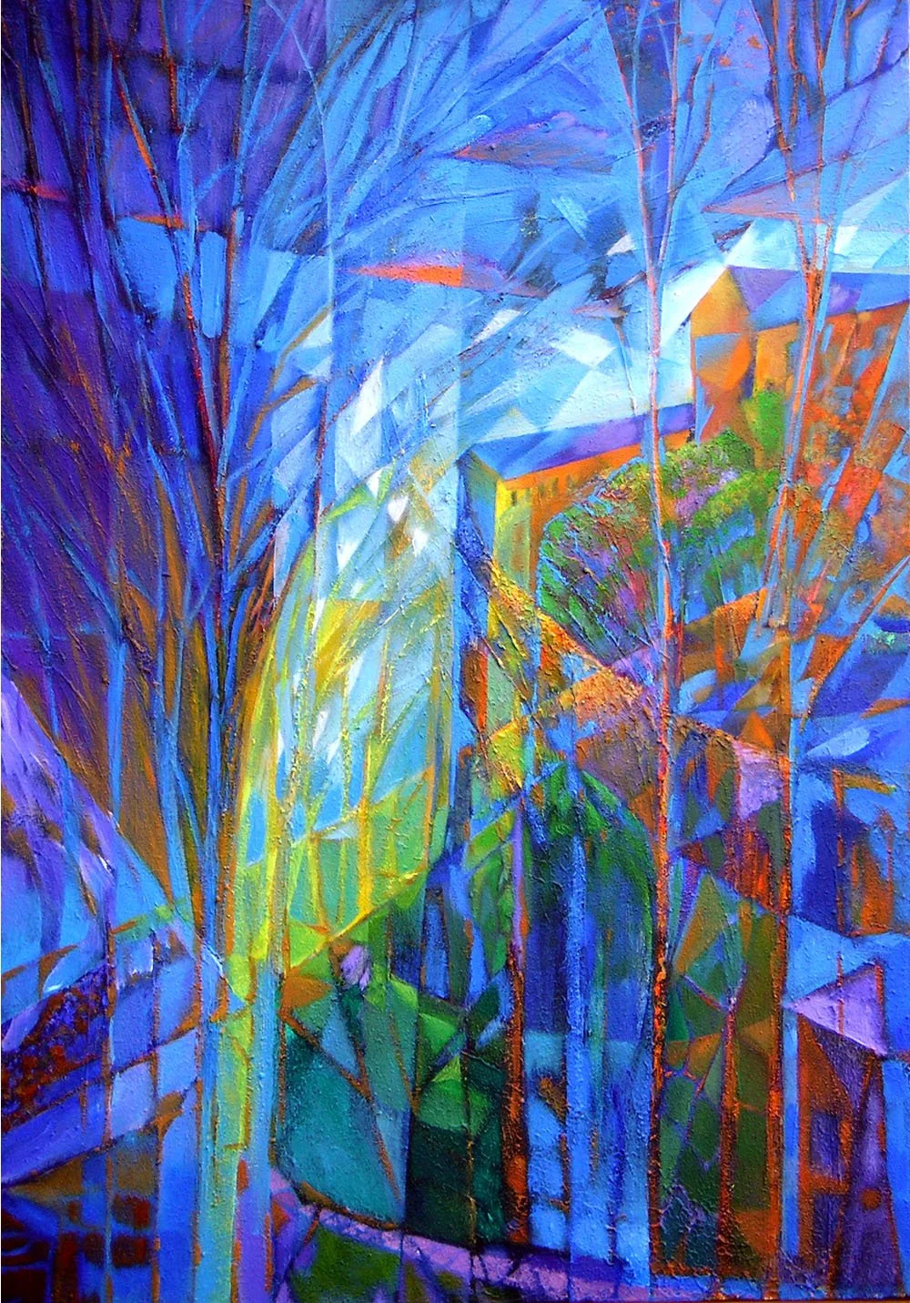 Abstract colorful painting of trees and a house with geometric shapes and vibrant blue, green, yellow, and orange hues.