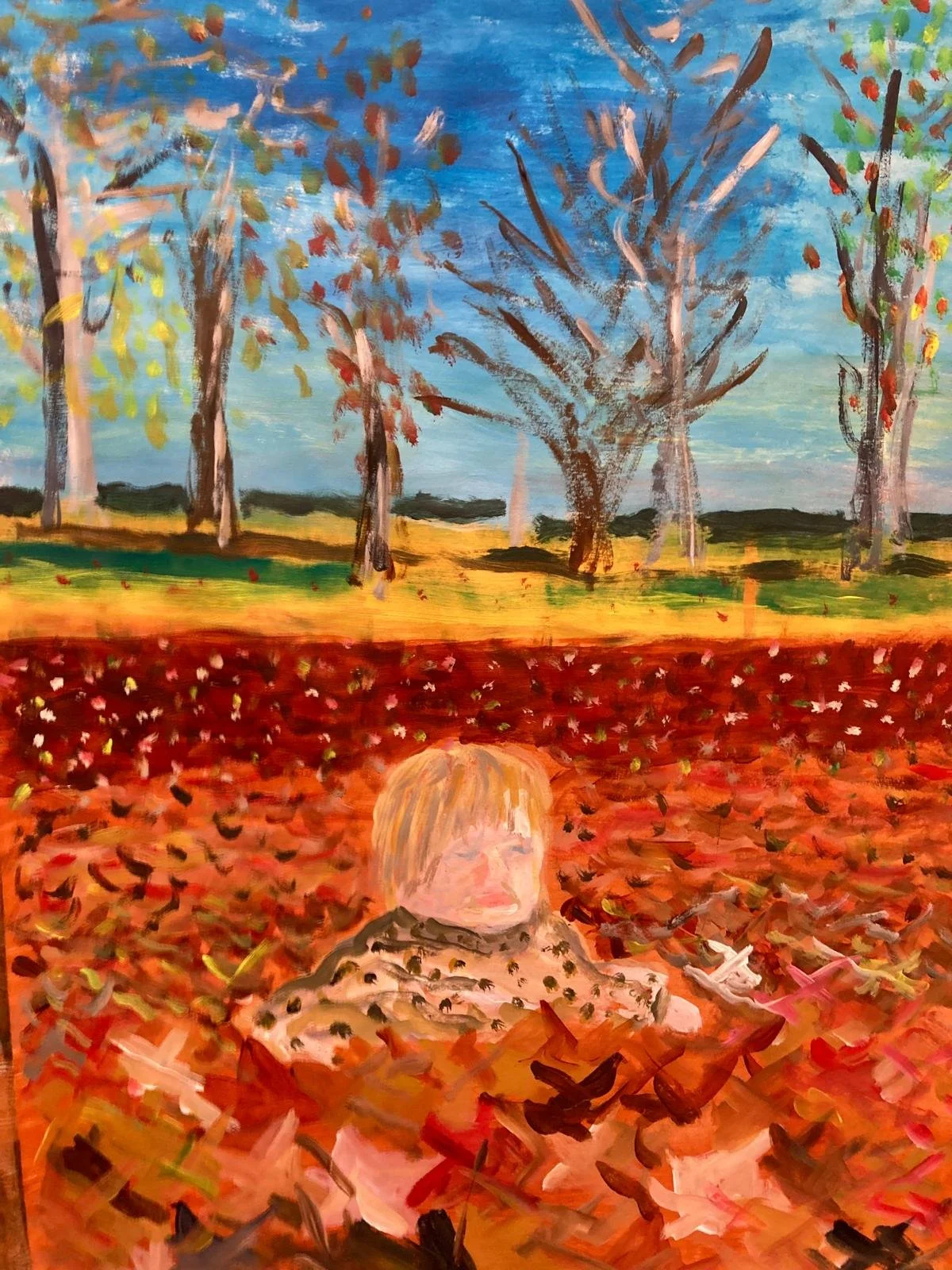 A colorful painting of a person with light brown hair lying on the ground covered in fallen autumn leaves, with a backdrop of trees and a blue sky.