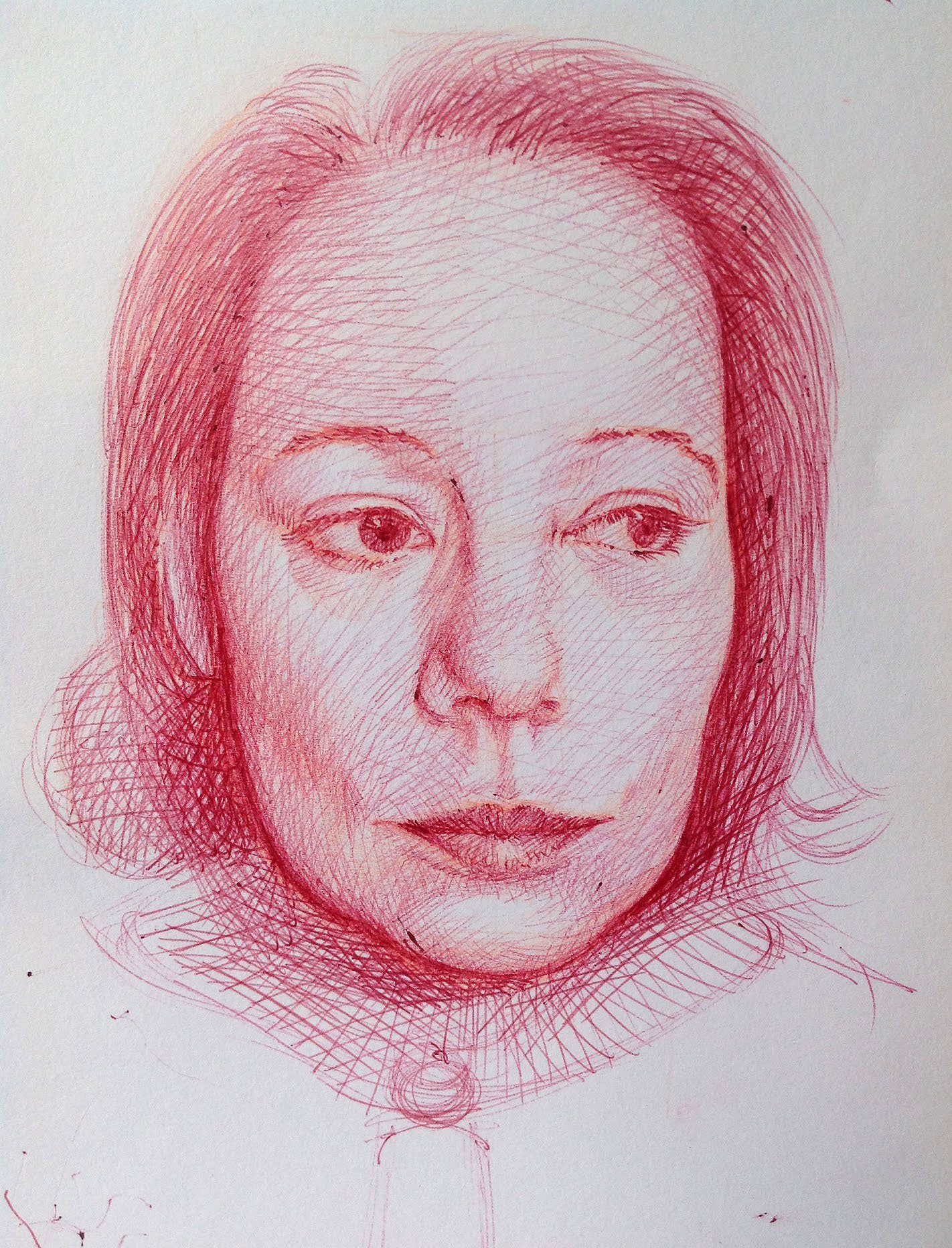 Red ball point pen sketch of a woman's face with detailed line work, showing her with short hair and a serious expression.