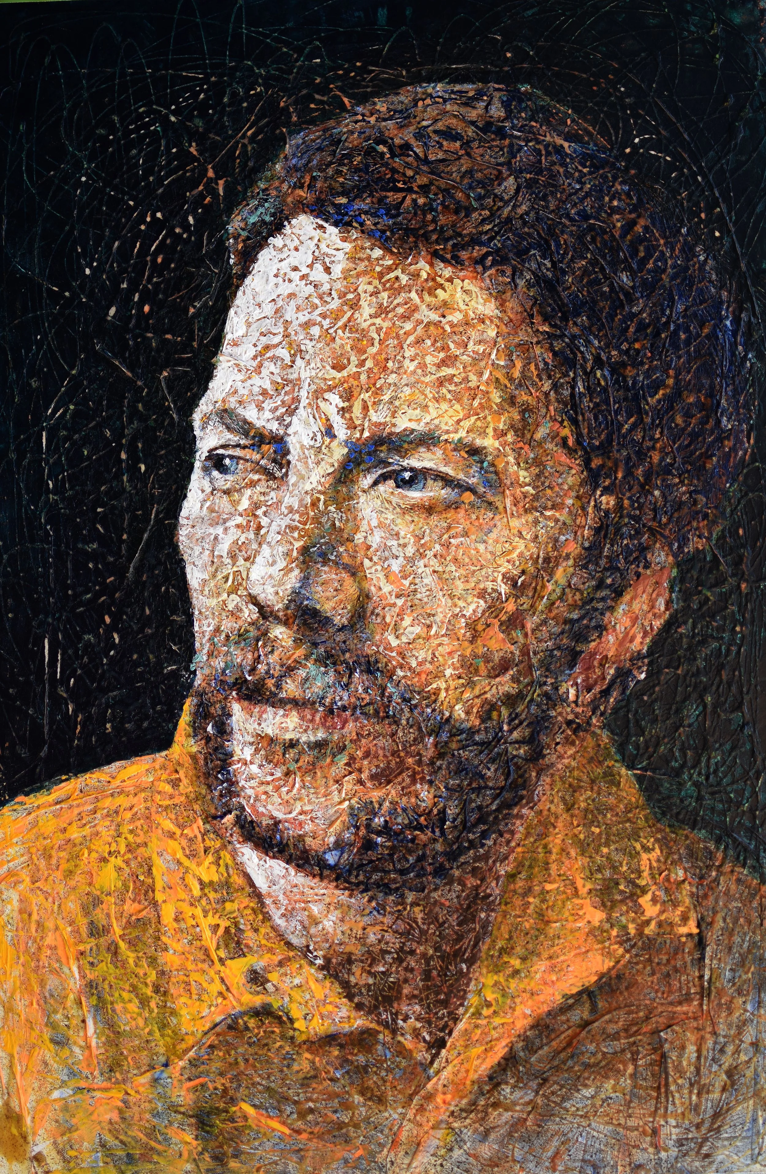 A highly textured painted portrait of a man with a beard and moustache, wearing an orange shirt, looking slightly to his right with a contemplative expression.