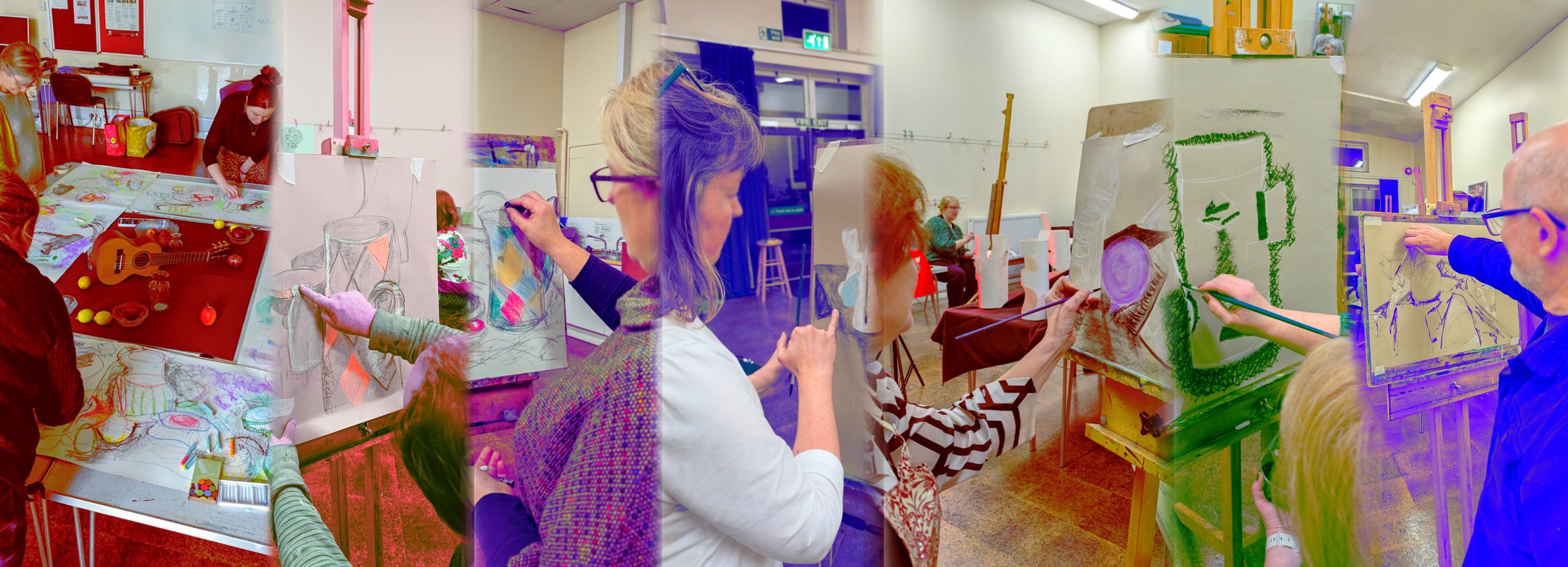 Students participating in an art workshop, drawing and painting on canvases and paper in a well-lit room.