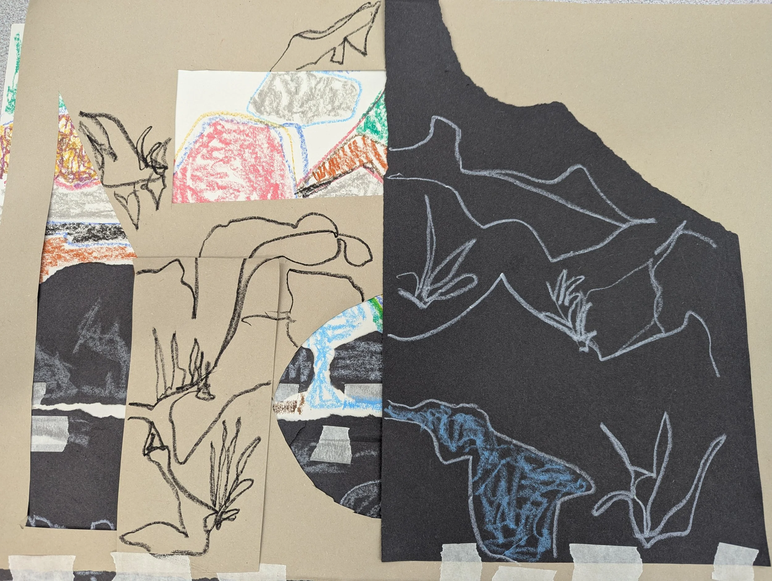 Mixed-media collage featuring abstract and line drawings of animal and plant forms, with torn paper and crayon textures on a beige and black background.