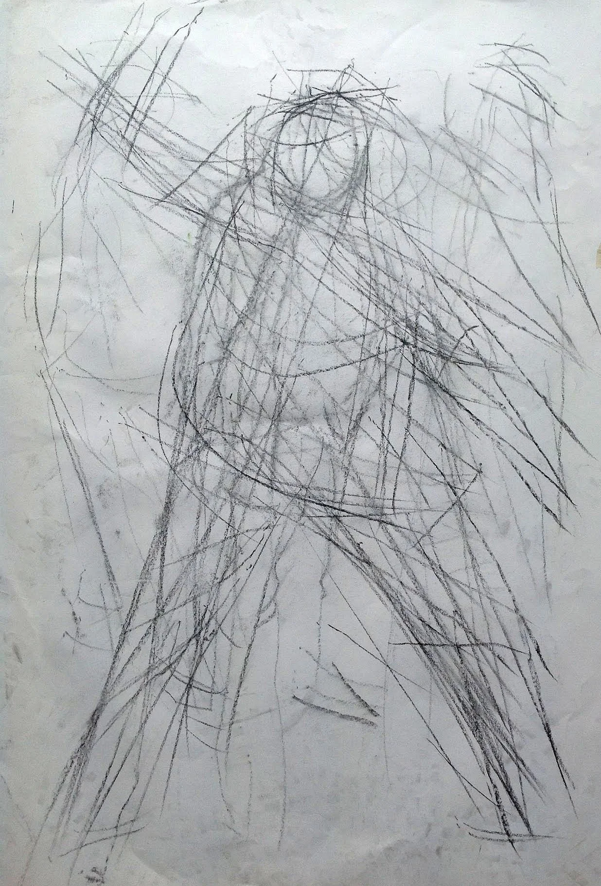 Sketch of a person with arms raised, made with rough pencil lines on white paper.