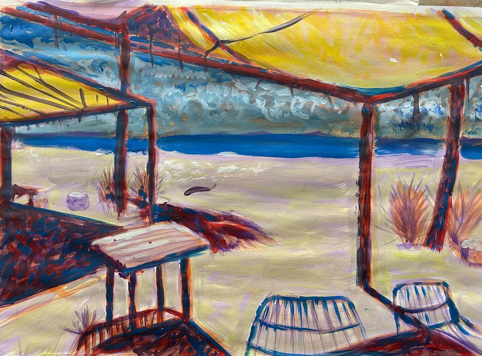 Waterfront view from a balcony or terrace with a table and chairs, overlooking a sandy beach, ocean, and cloudy sky. Bright colors with a loose, expressive painting style.