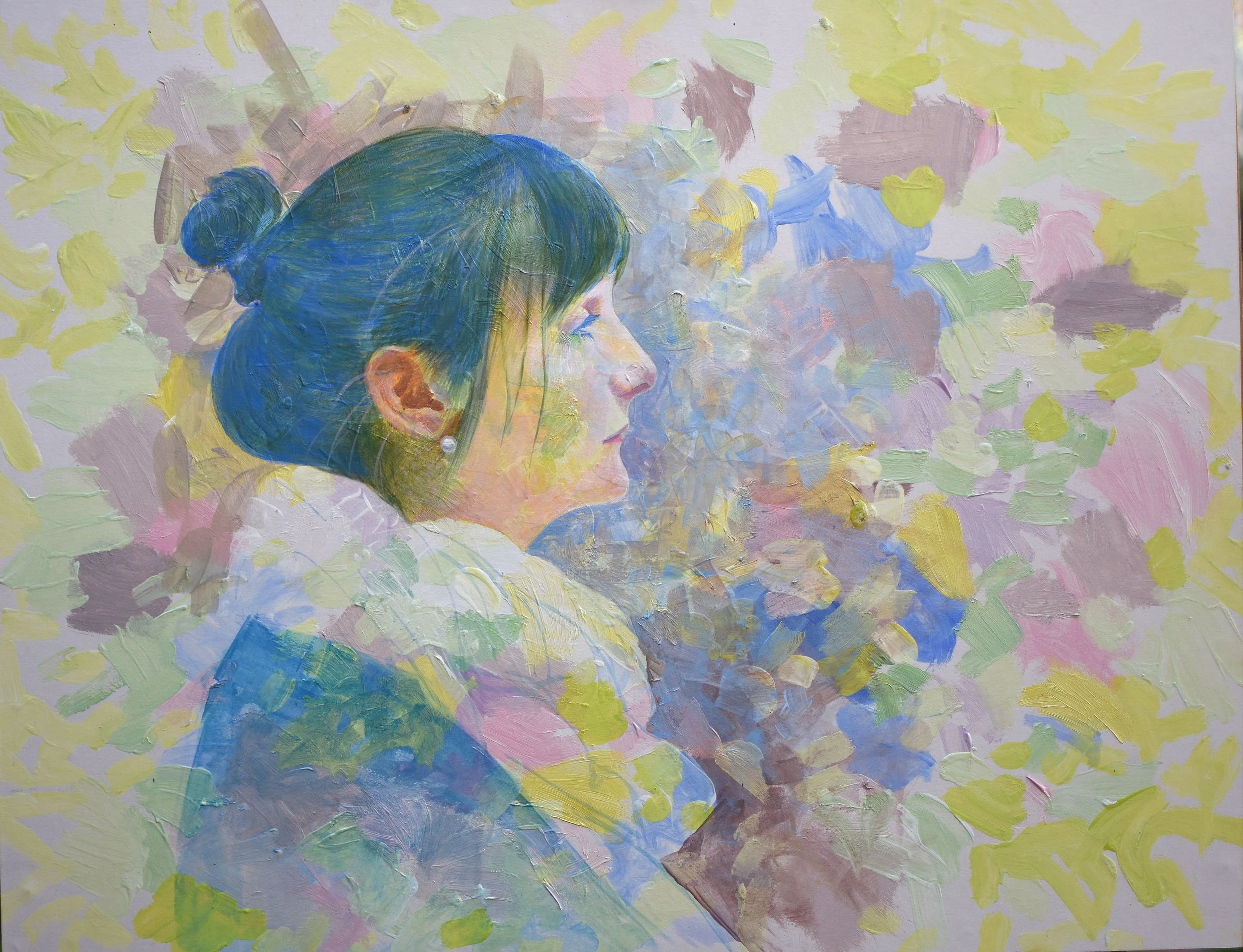 A colourful painting of a woman with dark hair in a bun, surrounded by an abstract background of pastel colours and floral shapes. Aims to reflect the calm serenity of the sitter