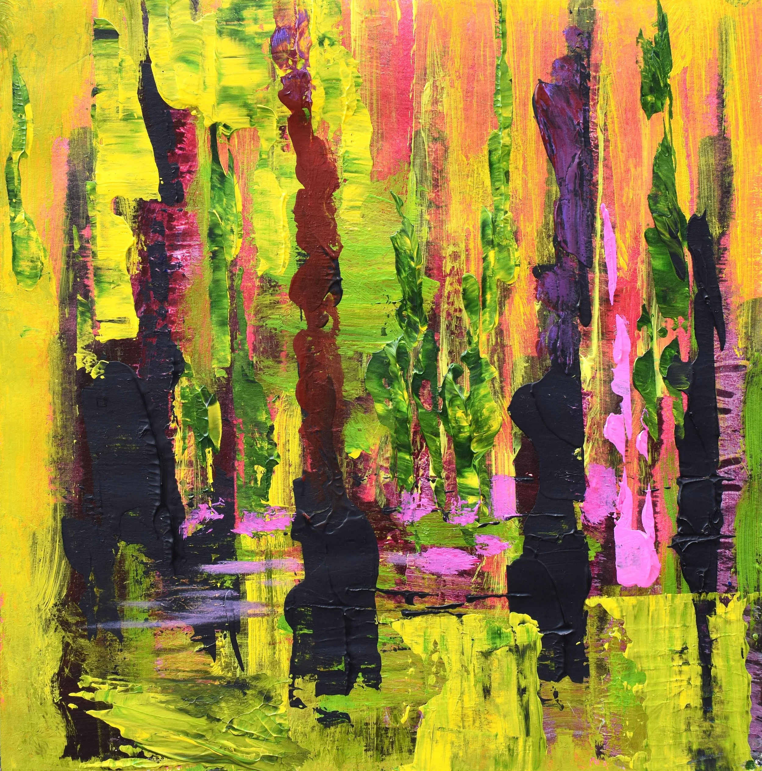 Abstract painting depicting tall, colorful trees with reflections on water, using bold strokes of yellow, green, pink, purple, and black.