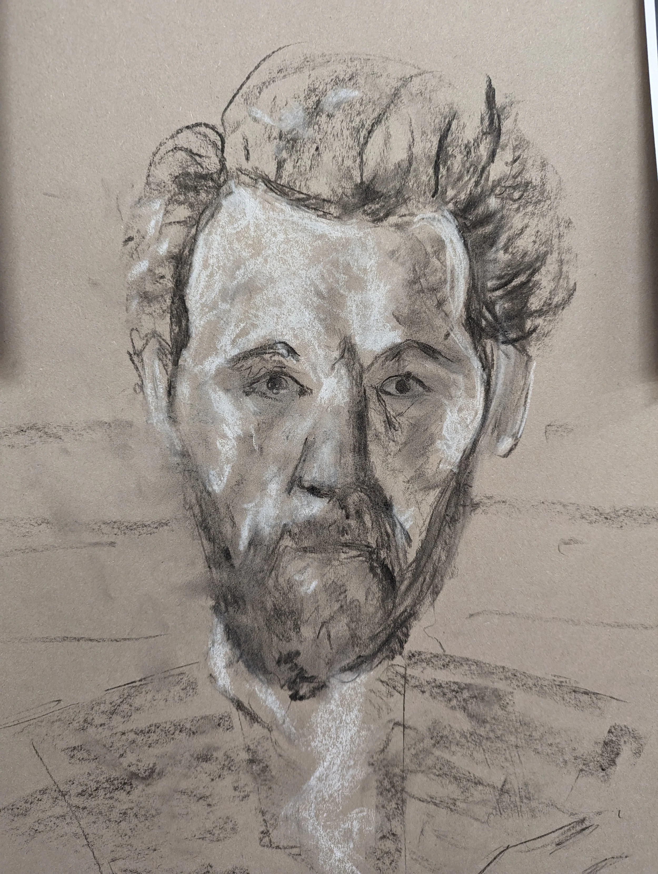 Sketch of an older man with a serious expression, beard, and hairstyle.