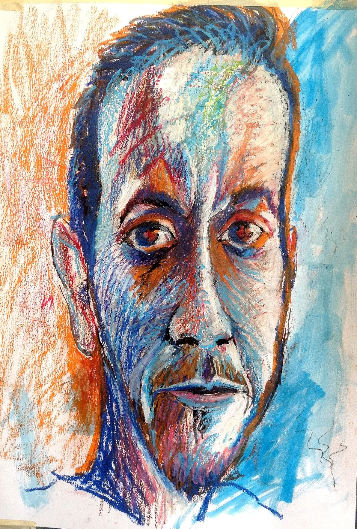 Expressionist portrait of a man with a thoughtful gaze, painted with vibrant colours and bold brushstrokes.