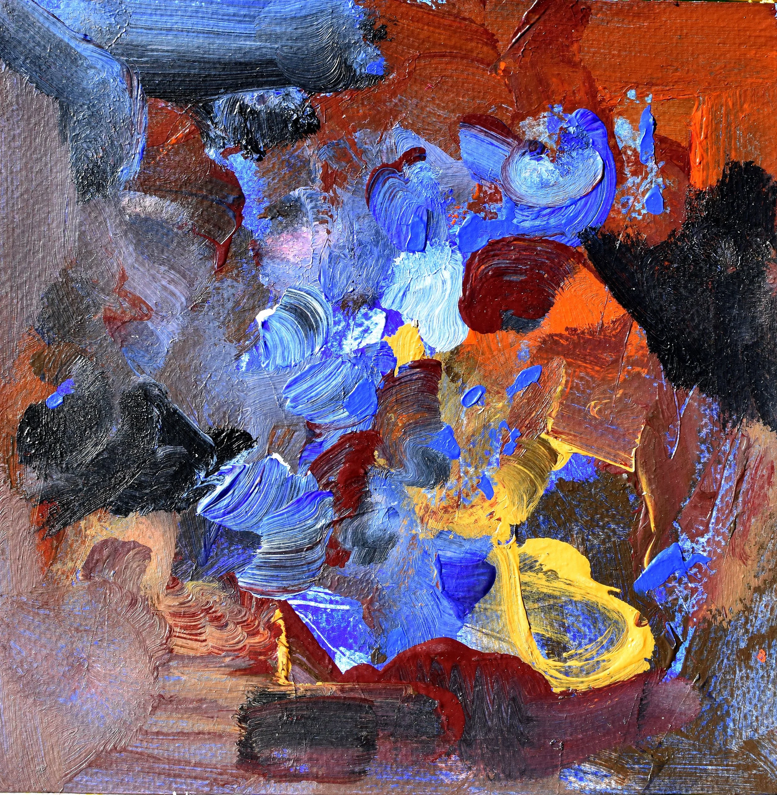 Abstract painting with bold strokes of blue, black, red, yellow, and orange paint on canvas.