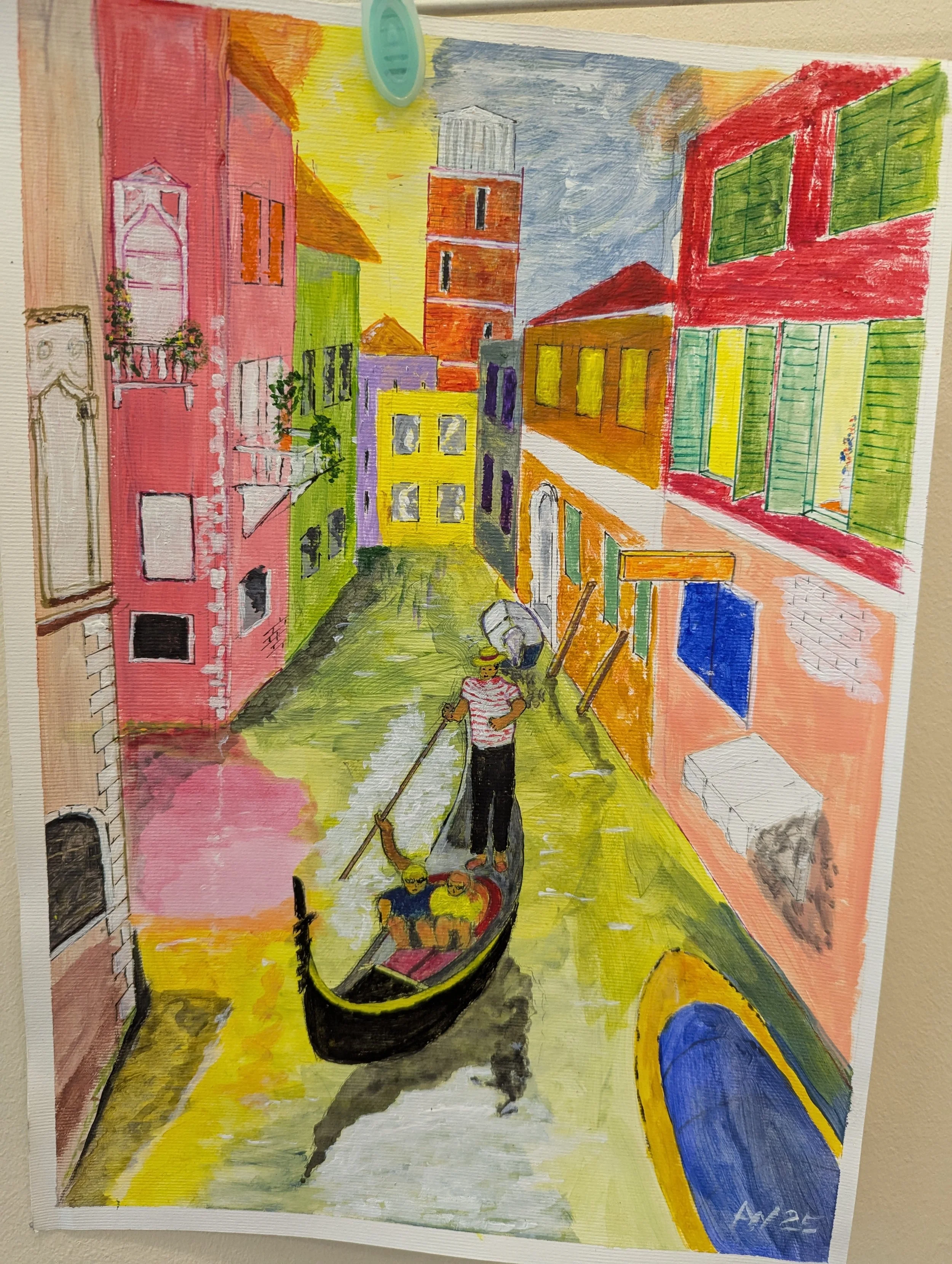 Colorful painting of a canal with a gondola carrying two people, surrounded by bright buildings with green shutters and open windows, in a vibrant city scene.