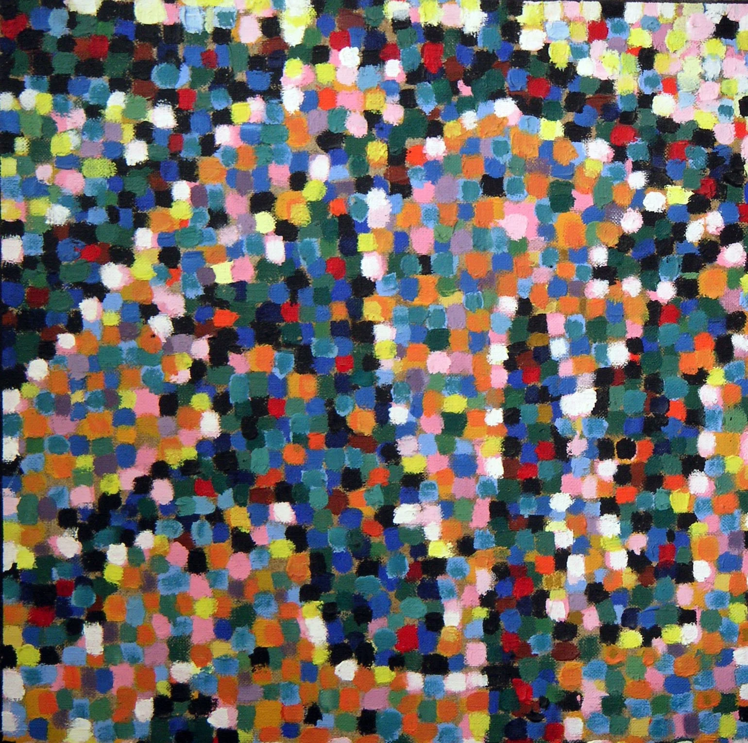 Abstract painting with multicolored dots and patches, predominantly pink, purple, green, blue, orange, black, and white.