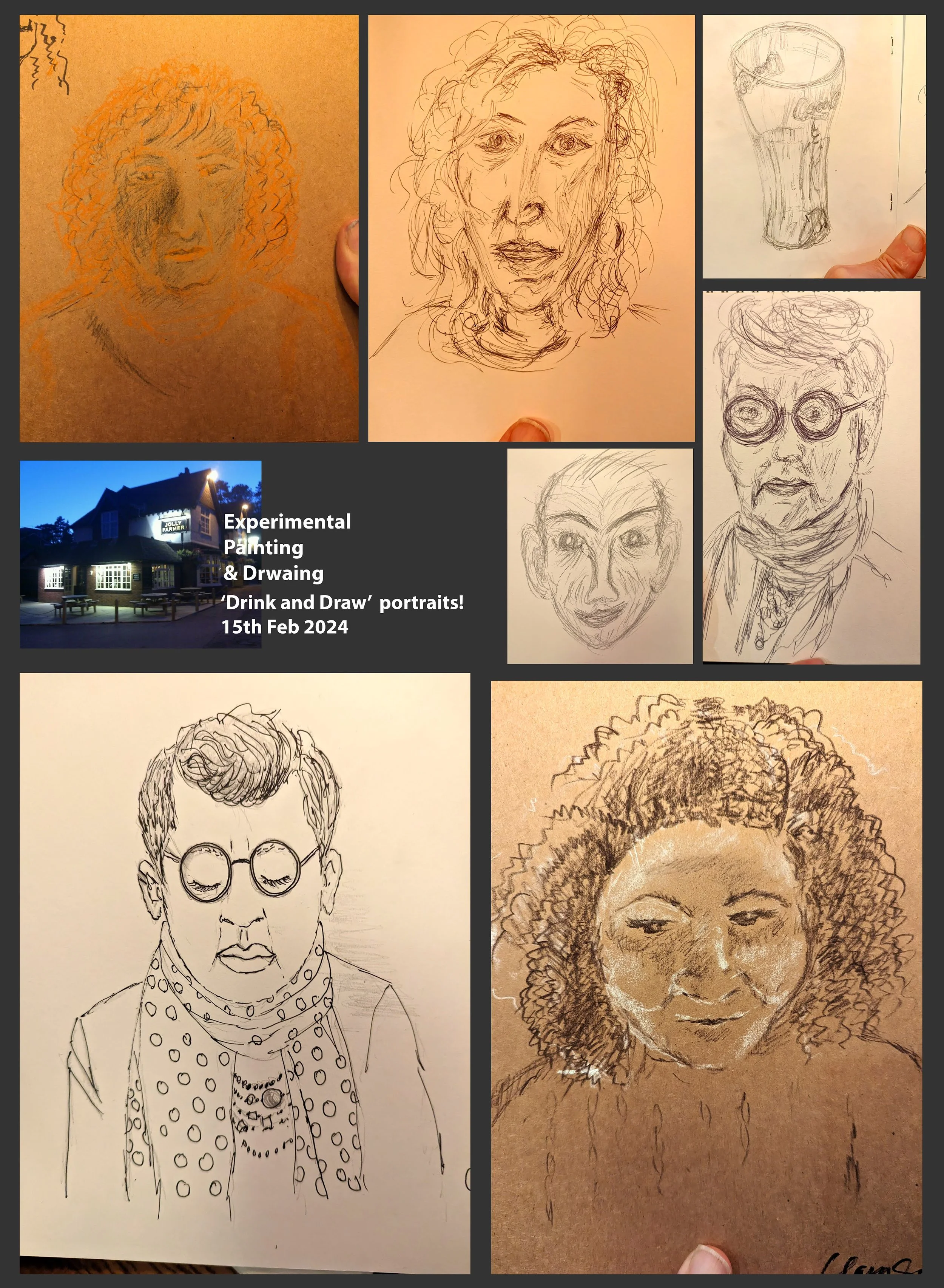 Collection of portrait sketches created during an experimental painting and drawing session titled 'Drink and Draw' on February 15th, 2024, including various faces and one landscape scene at night.