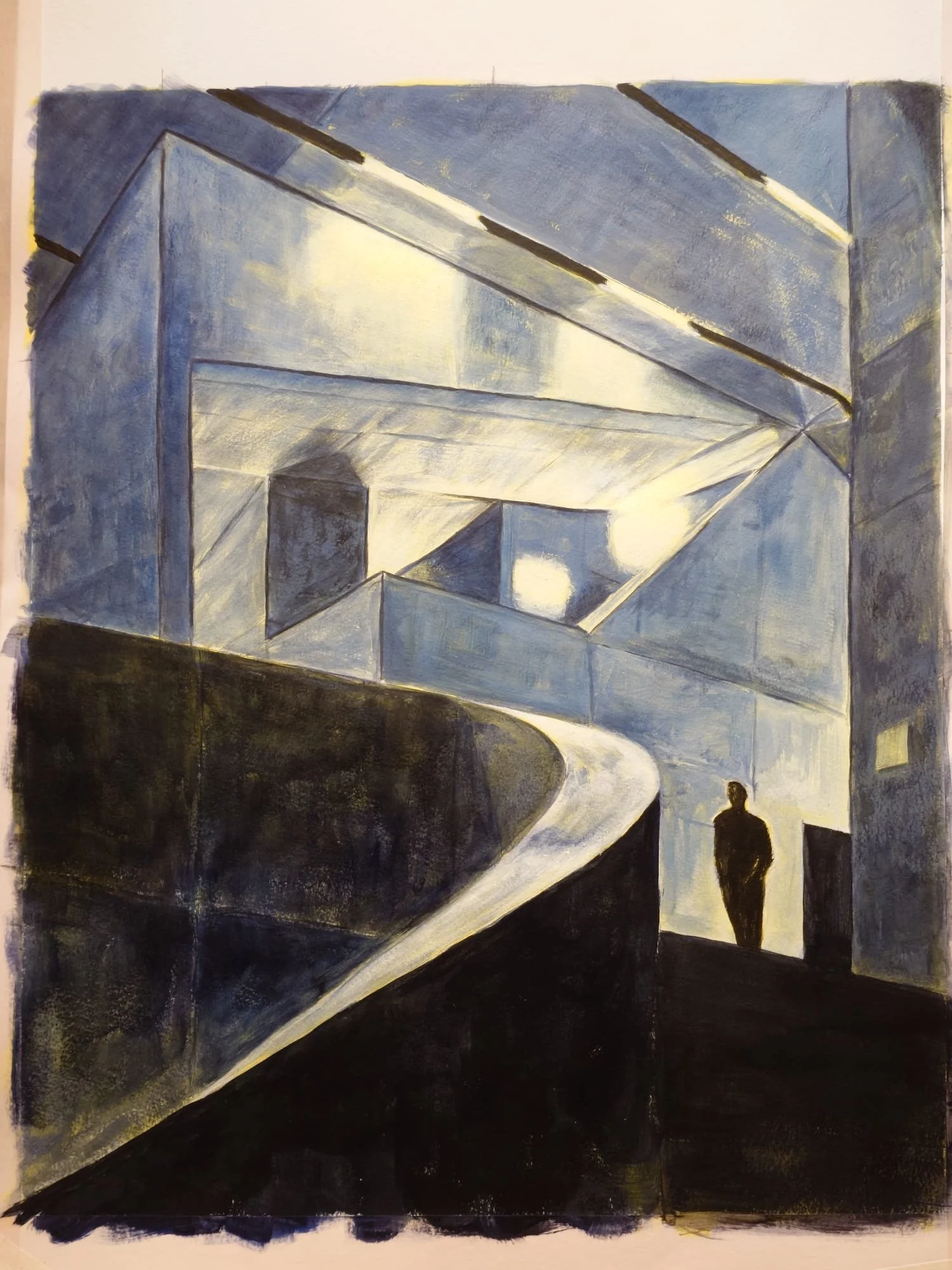 An abstract painting of a modern building with angular, geometric shapes and reflective surfaces. A solitary silhouette of a person is walking along a curved pathway in the foreground.