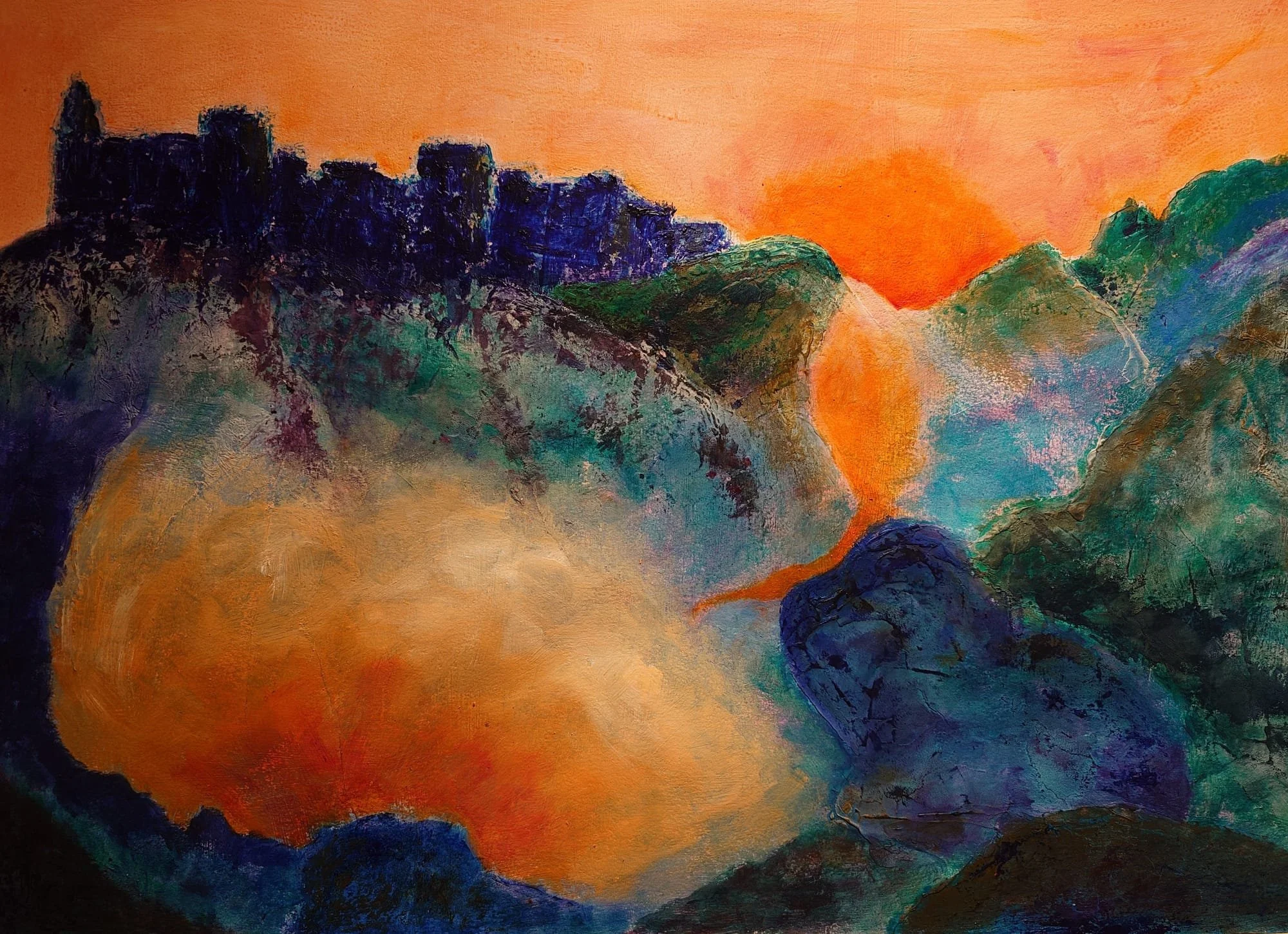 A colorful abstract landscape painting of a sunset over mountains and a body of water, with vibrant orange, green, purple, and blue hues.
