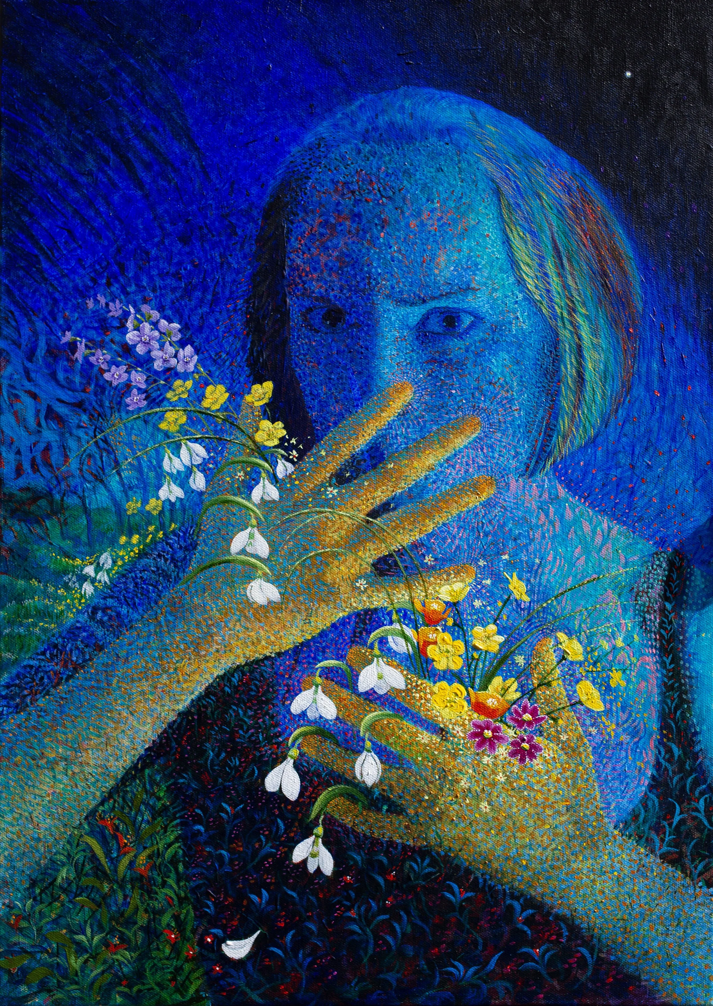 Colourful painting of a Hazel in vibrant blue tones, with meadow flowers gently filtering through her fingers, set against a dark ultramarine, starry background.