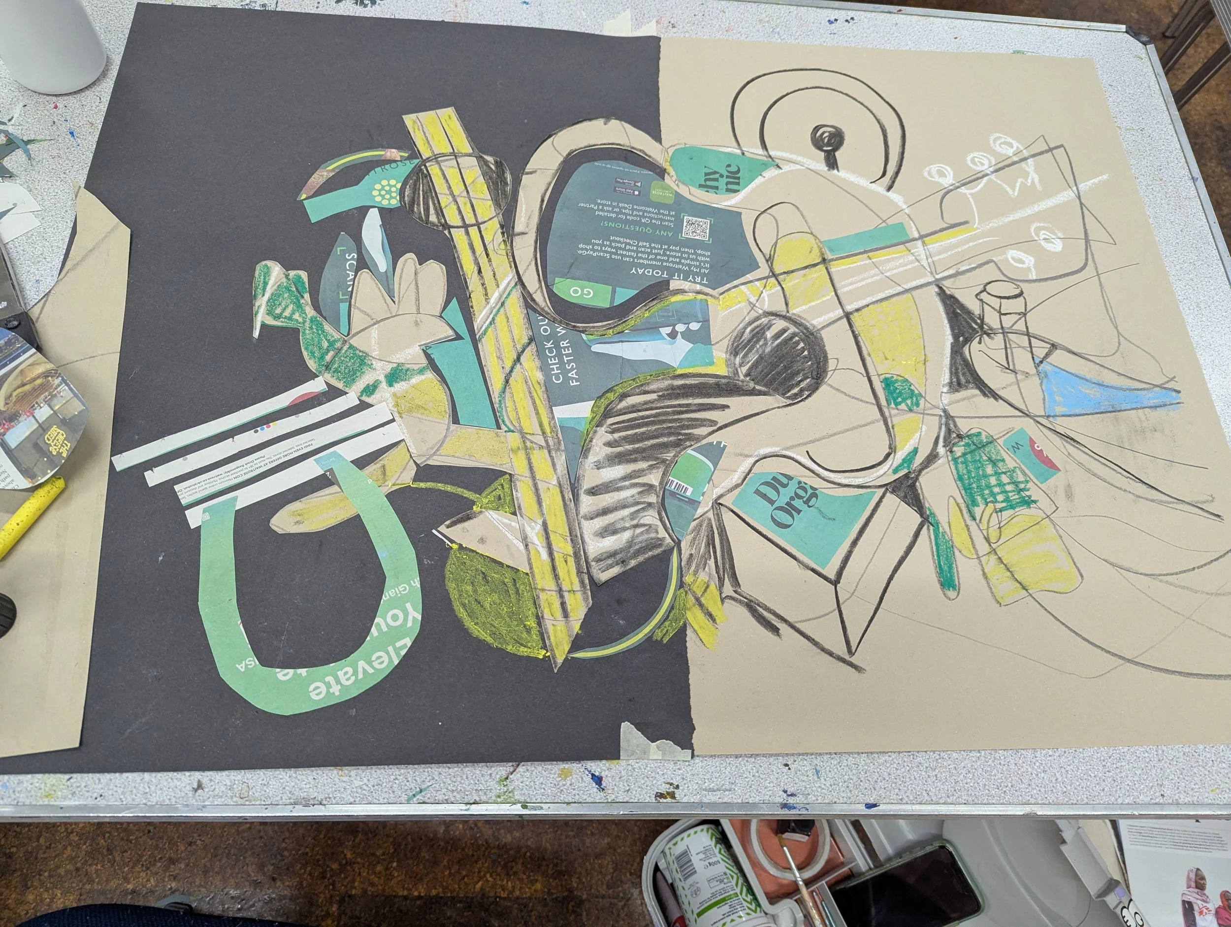 Mixed-media abstract artwork with cutouts, drawings, and colors on a two-tone background, featuring industrial and organic shapes.