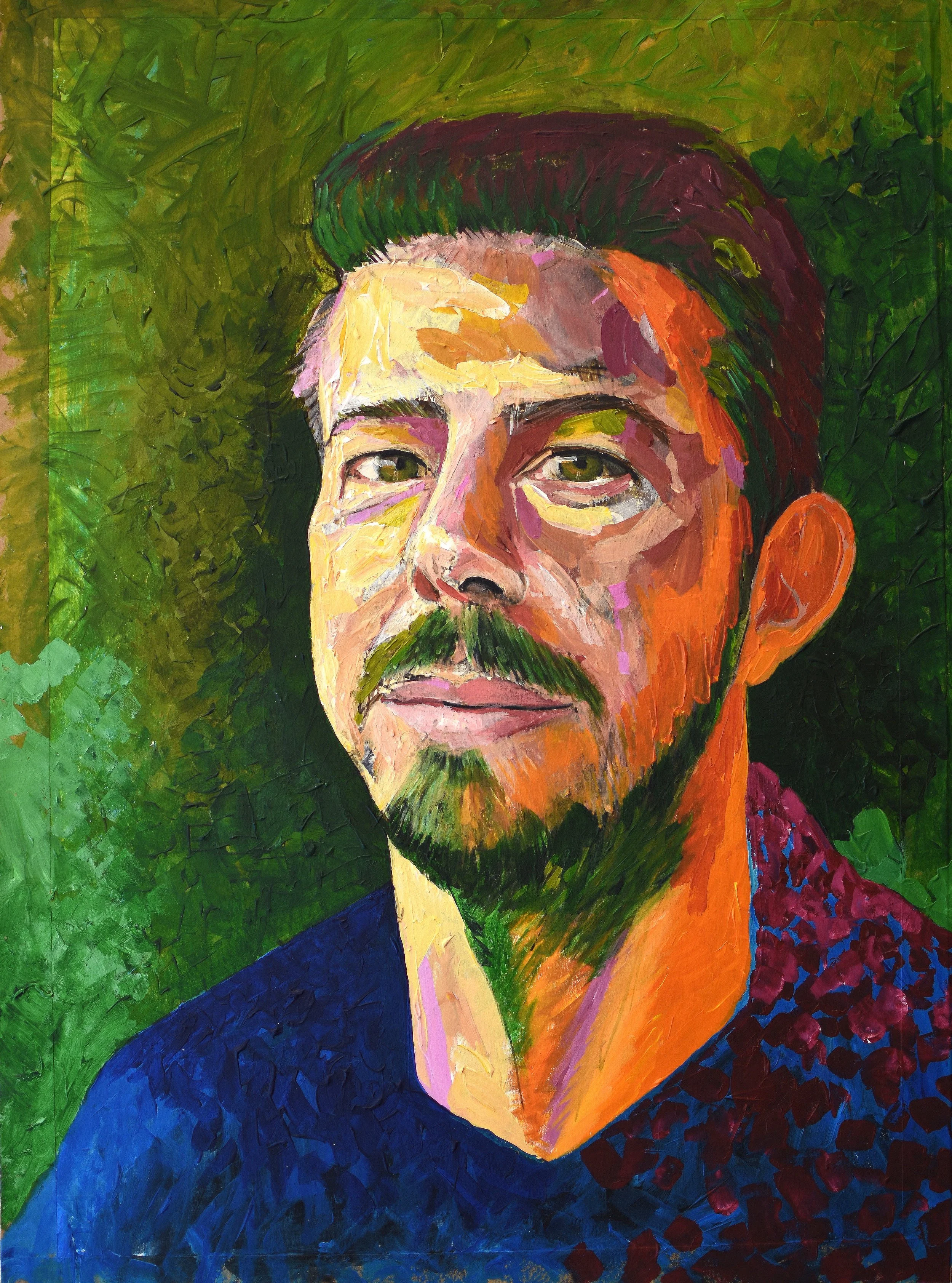 A colorful acrylic portrait of a man with a moustache and beard, set against a green background.